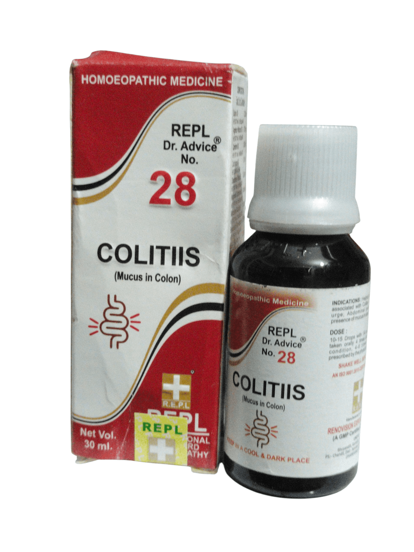 REPL DR. ADVICE NO. 28 COLITIIS DROP FOR MUCUS IN COLON HOMEOPATHIC MEDICINE 30ML - Product packaging and bottle.
