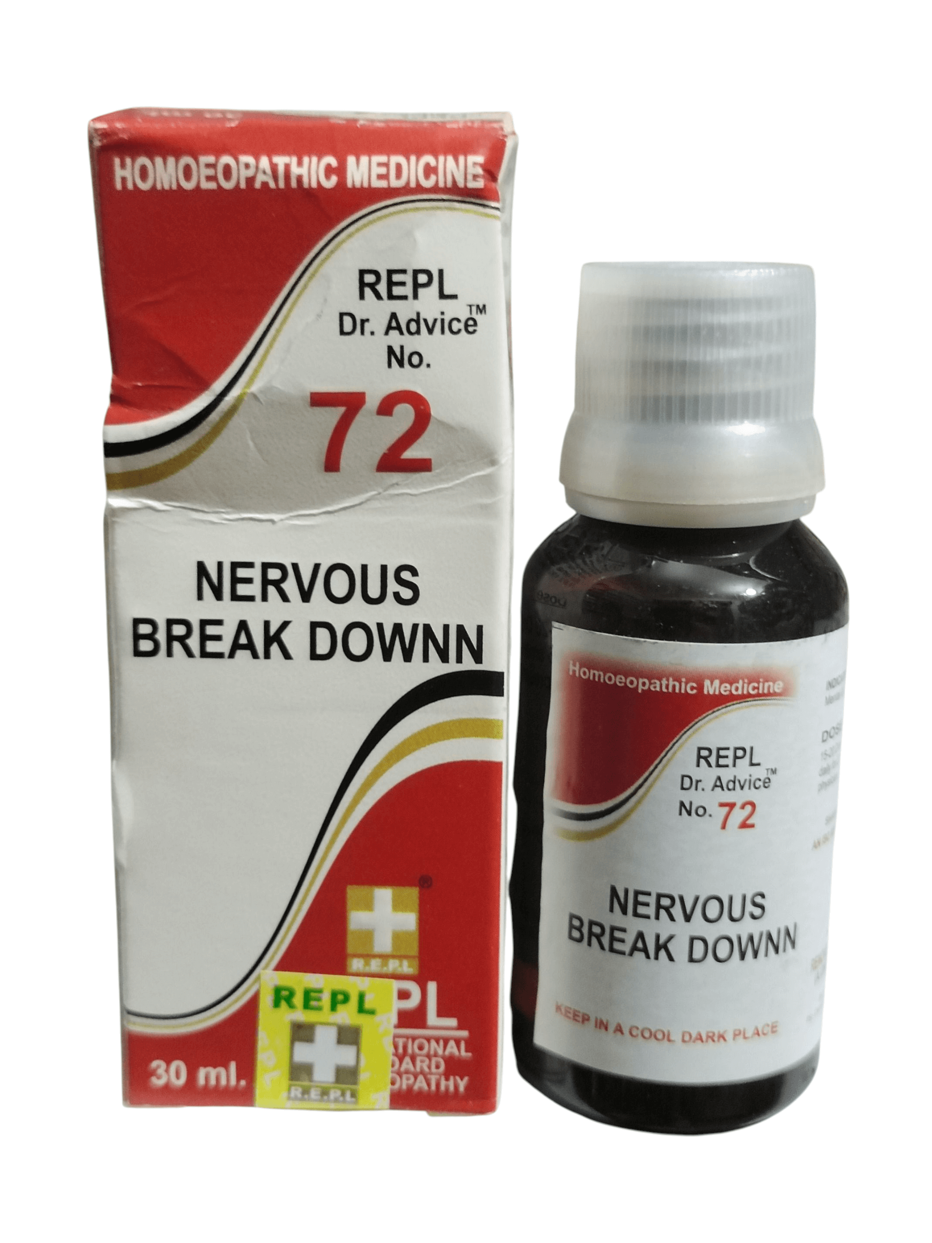 REPL Dr. Advice No. 72 Nervous Break Down medicine bottle and packaging on a white background