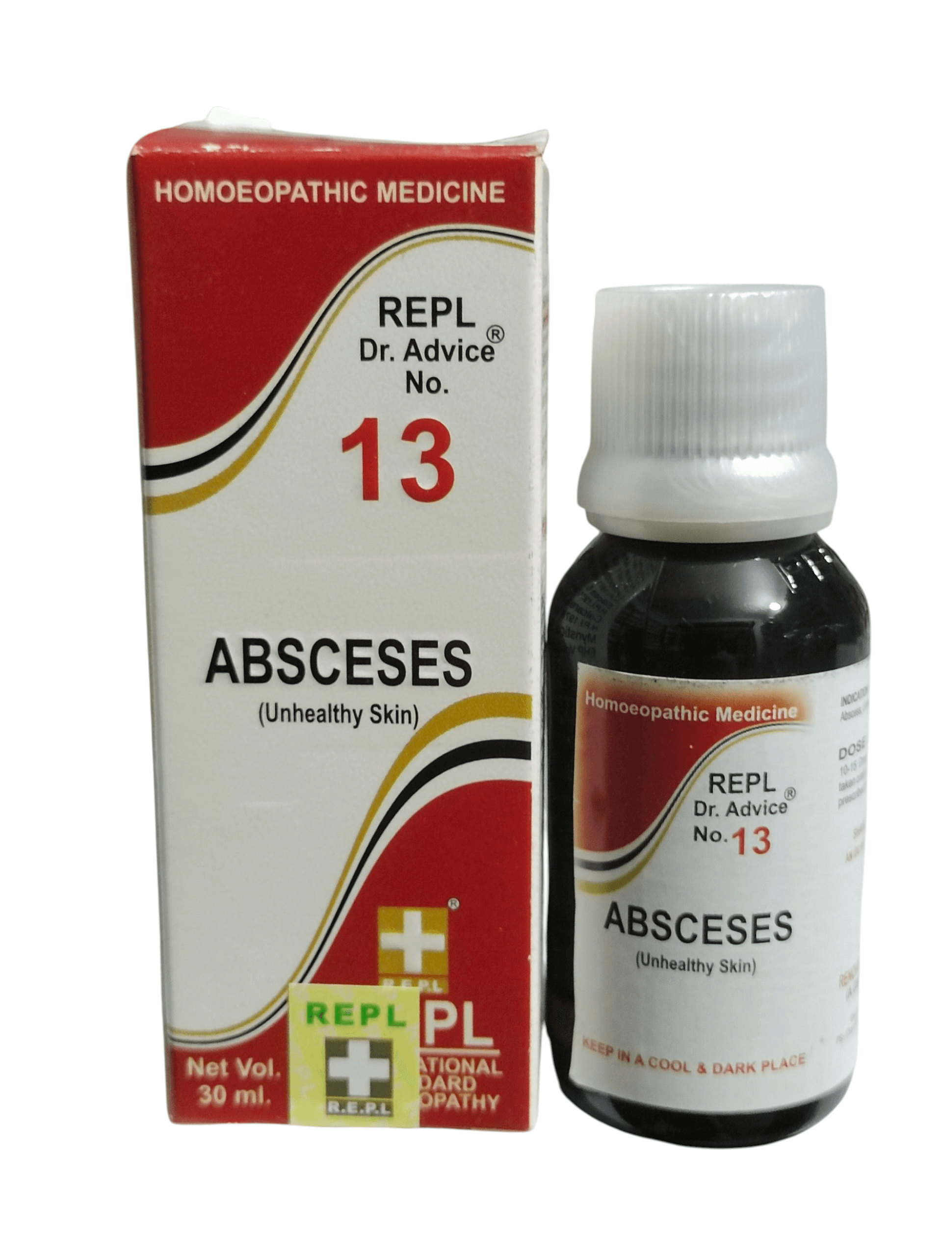 Homoeopathic medicine bottle and packaging for Abscesses on a white background