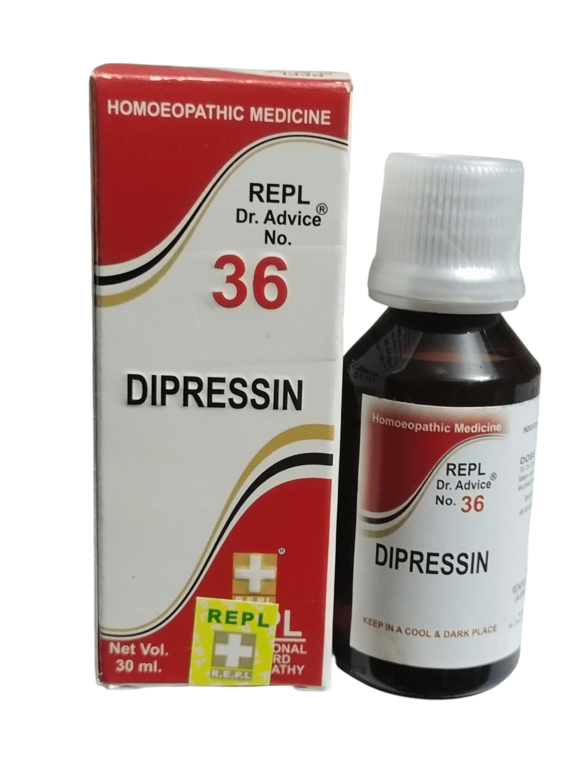 Dipressin homeopathic medicine bottle and packaging on a white background