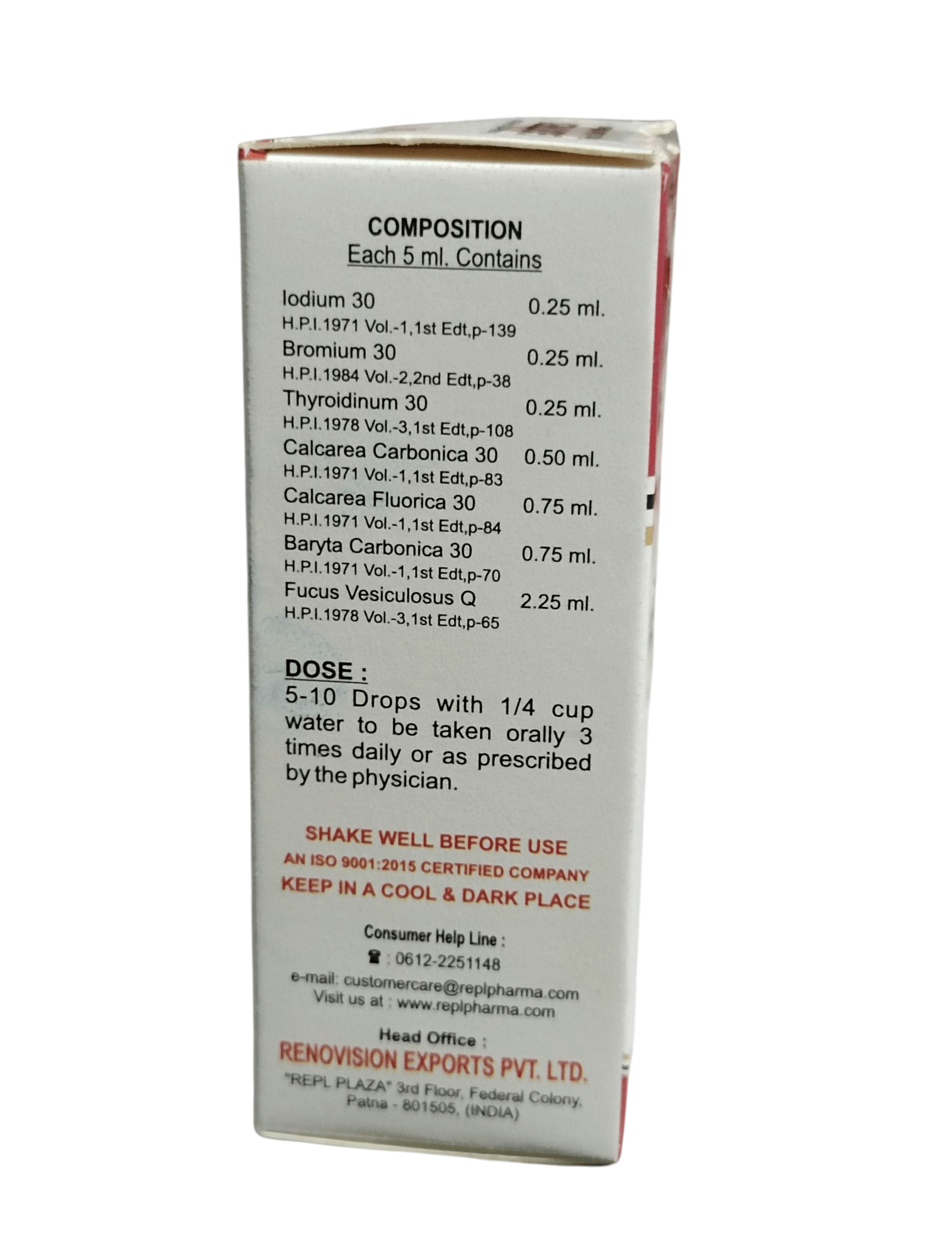 Medical packaging with detailed composition and usage instructions on a white background