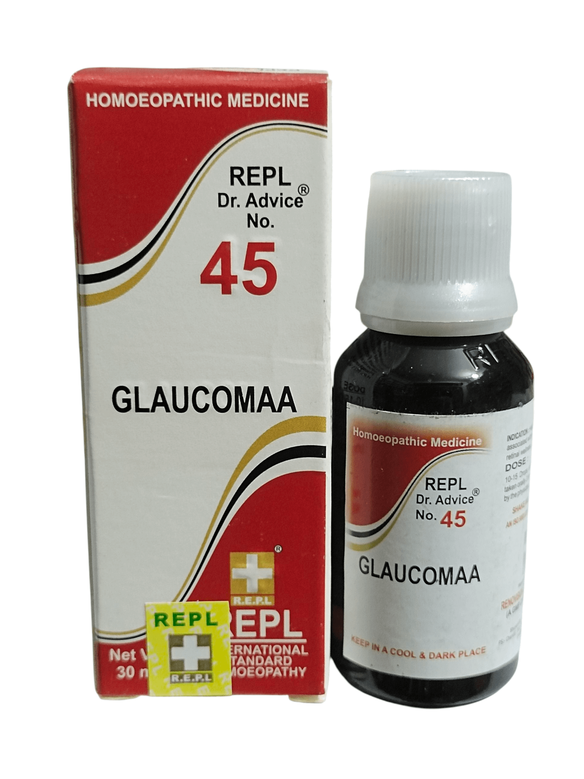 Homoeopathic medicine packaging and bottle labeled 'GLAUCOMAA' on a white background