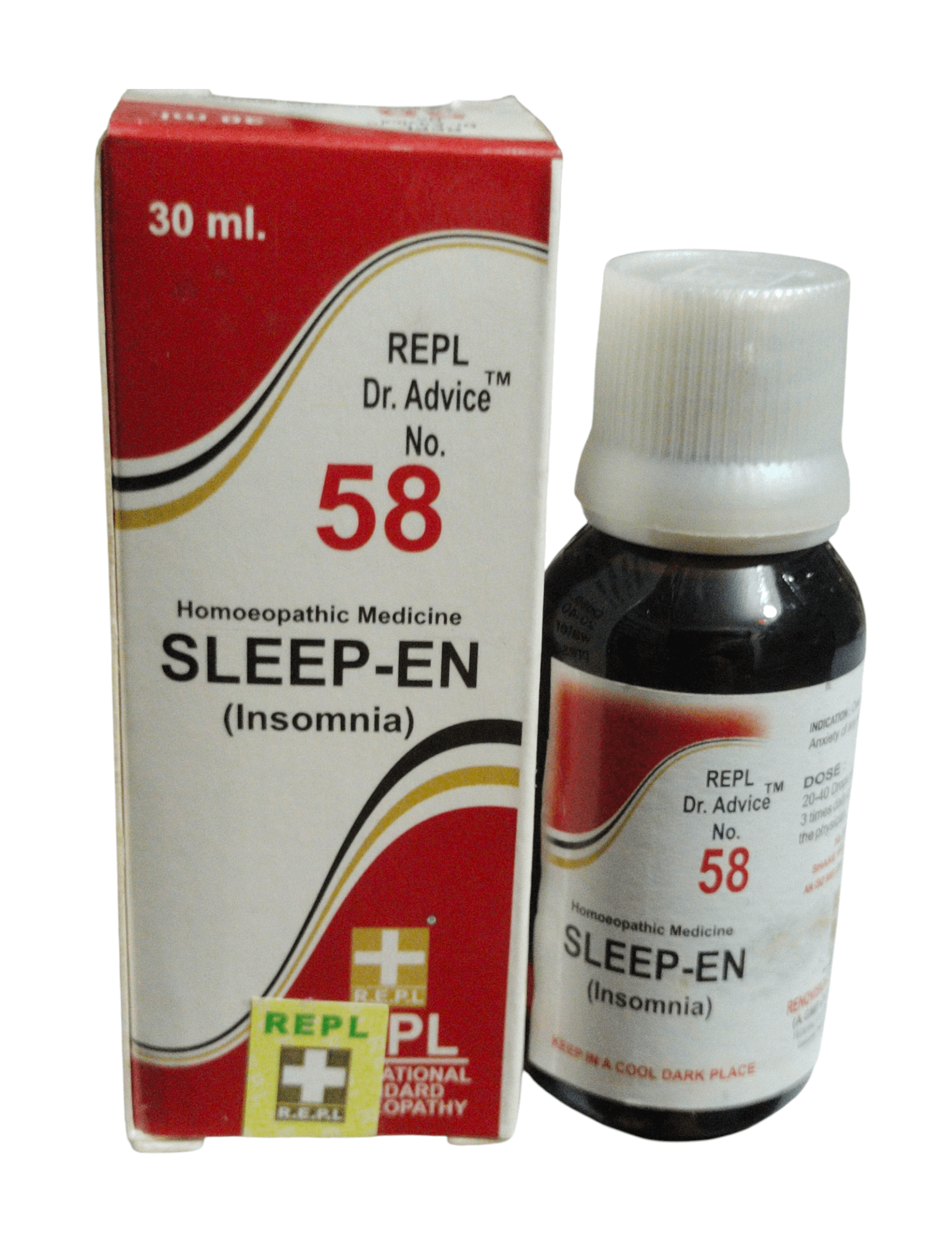 Sleep-EN bottle and packaging with red and white design on a white background