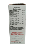 Back label of a medical or pharmaceutical container with text and dosage instructions.