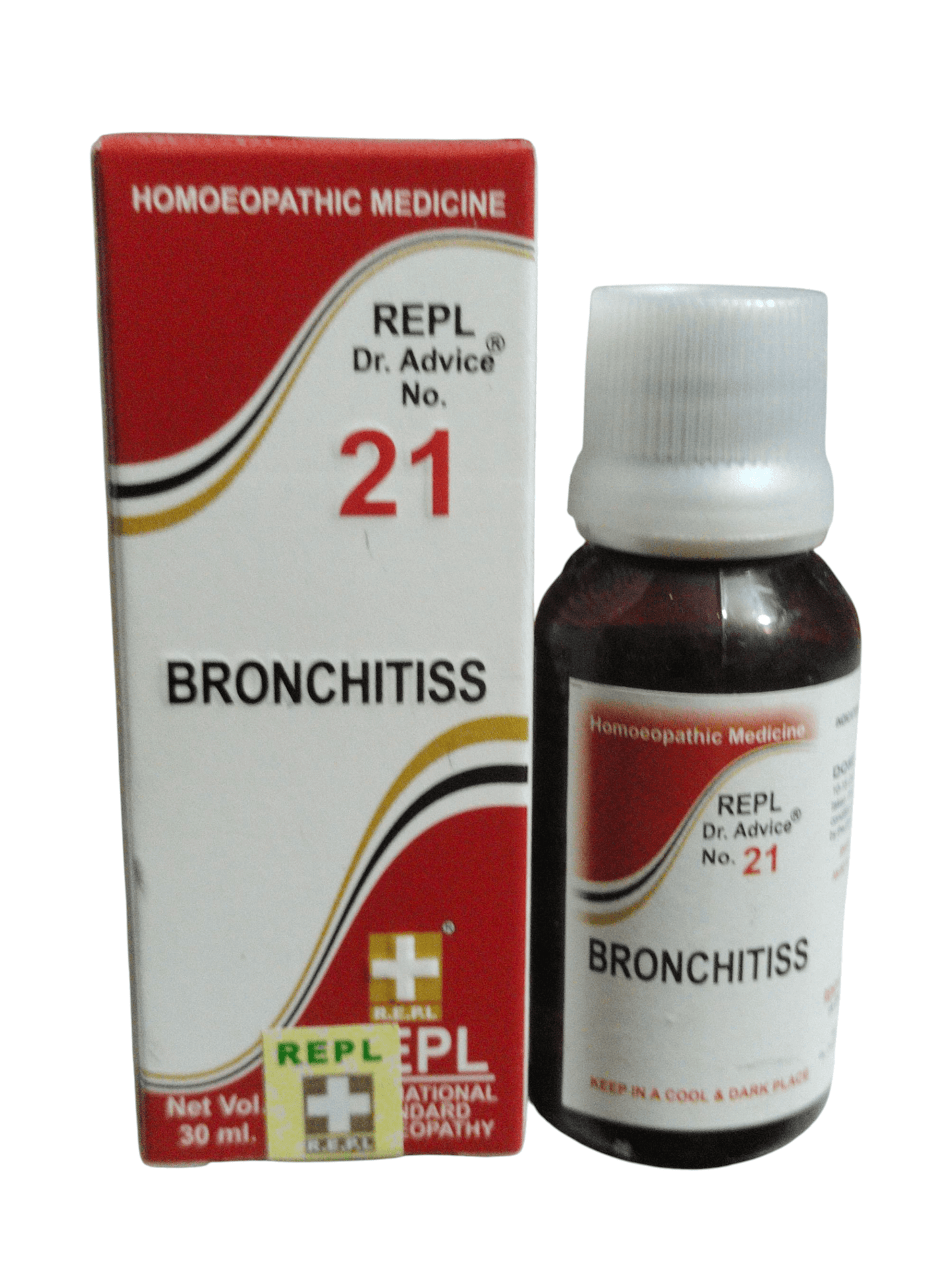 REPL Bronchitiss homeopathic medicine bottle and packaging on a white background