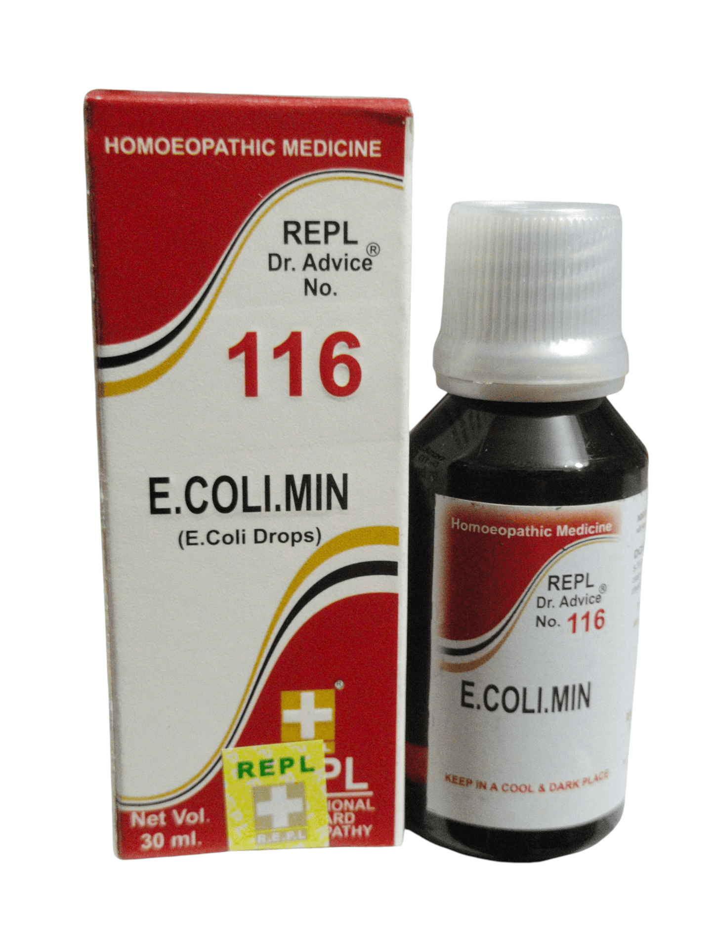 E. Coli Min bottle and packaging with red and white design