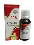E. Coli Min bottle and packaging with red and white design
