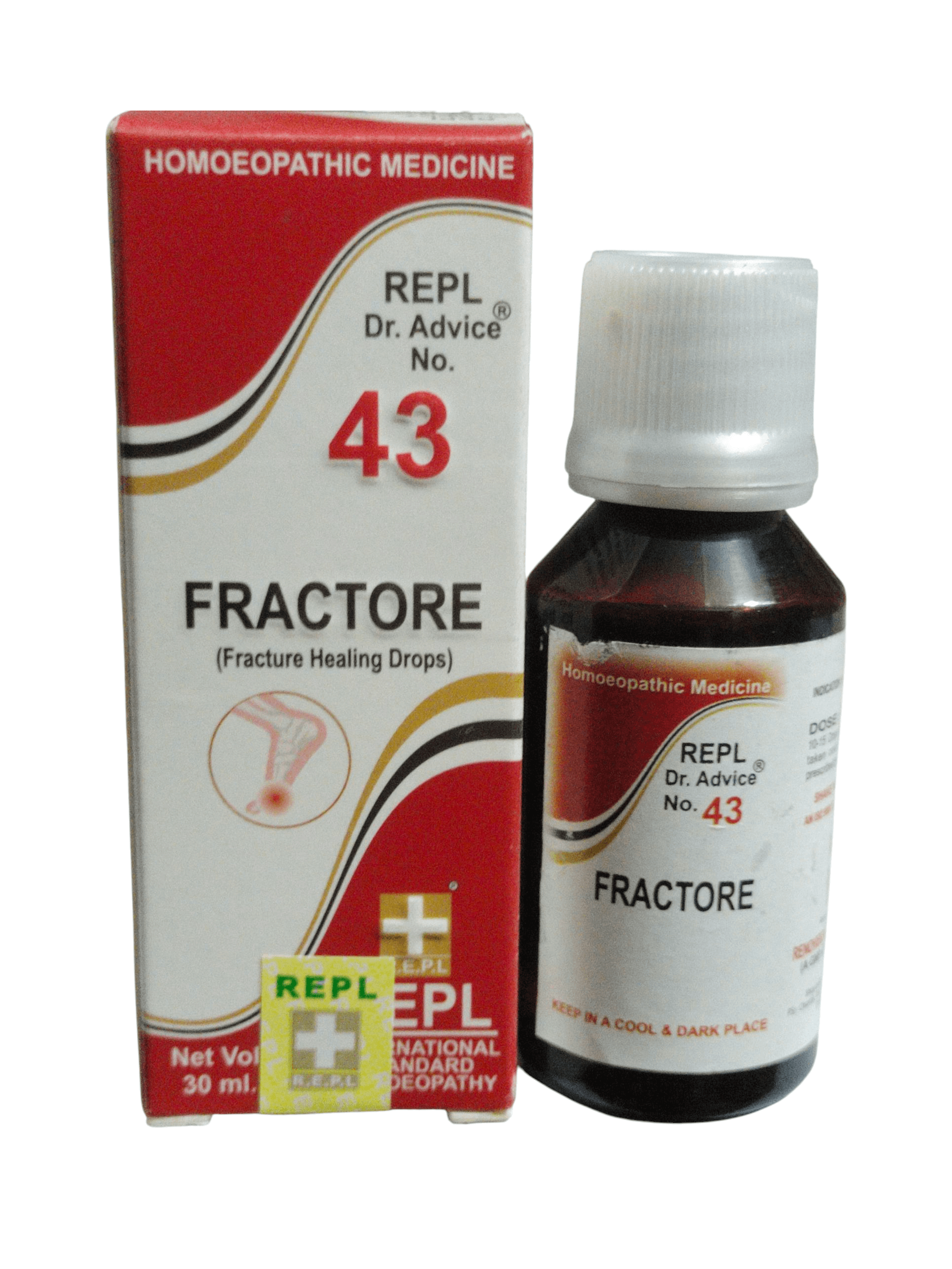 Fracture healing drops packaging with bottle and box on a white background