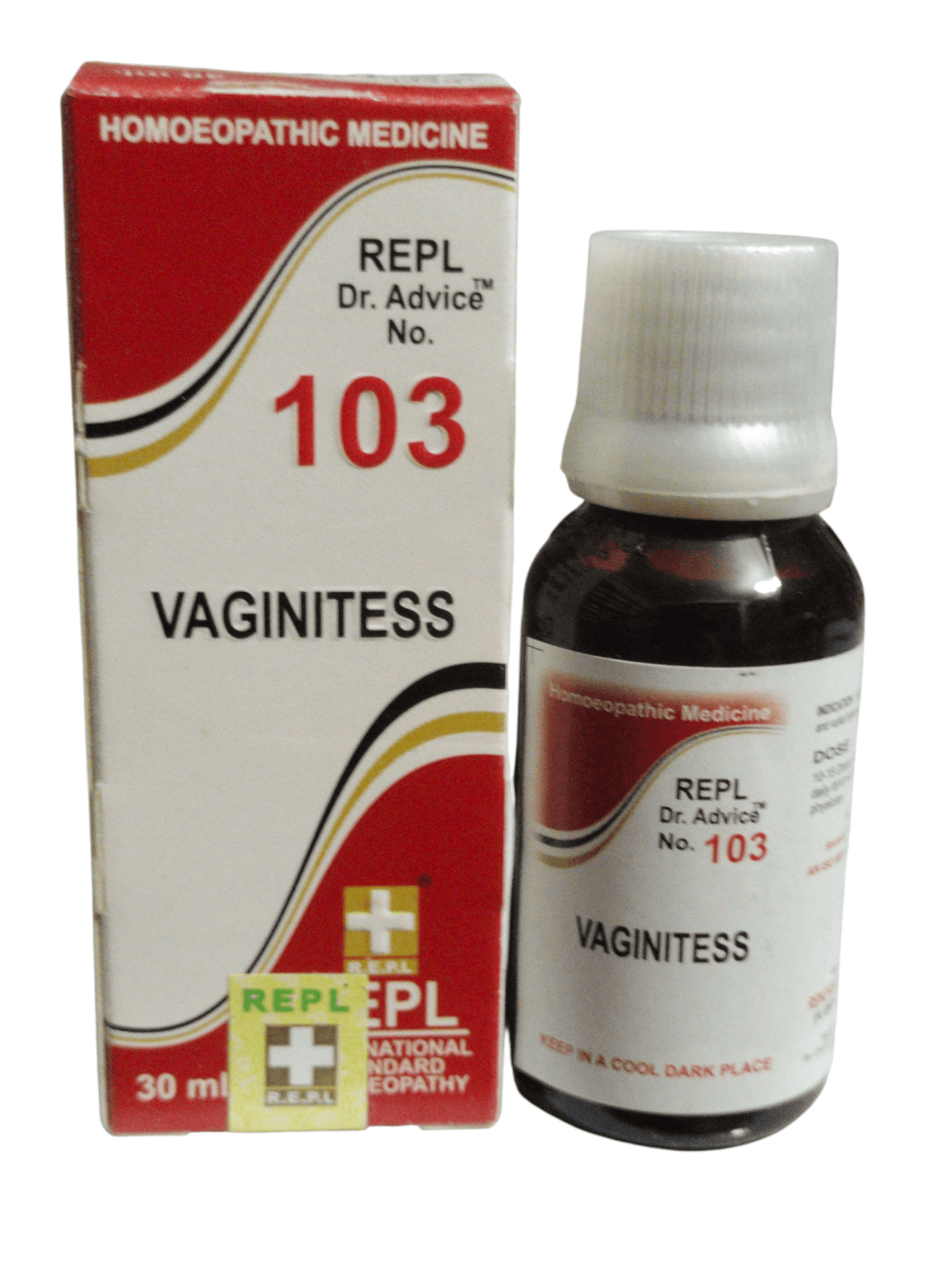 Vaginitess homeopathic medicine bottle and packaging on a white background