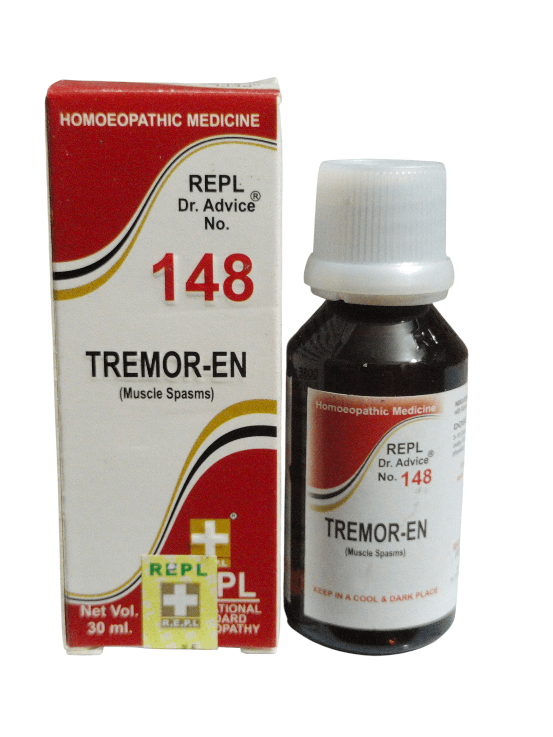 Homoeopathic medicine bottle and packaging with 'REPL Dr. Advice No. 148' on a white background