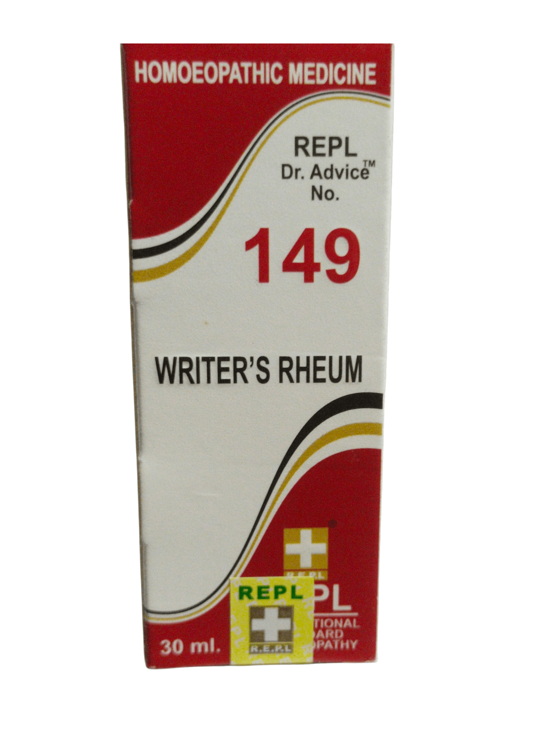 Homoeopathic medicine container labeled 'Writer's Rheum' with branding and product details on a white background.
