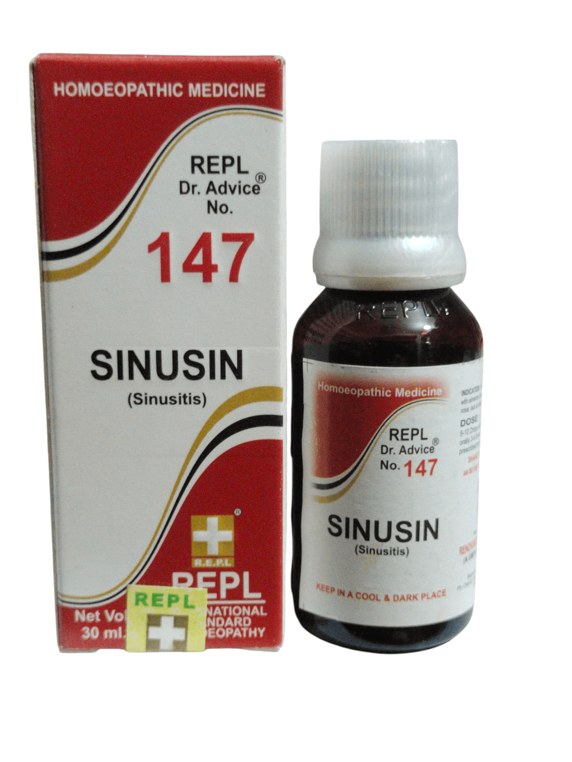 REPL DR. ADVICE NO. 147 SINUSIN FOR SINUSITIS TREATMENT HOMEOPATHIC MEDICINE 30ML bottle and box