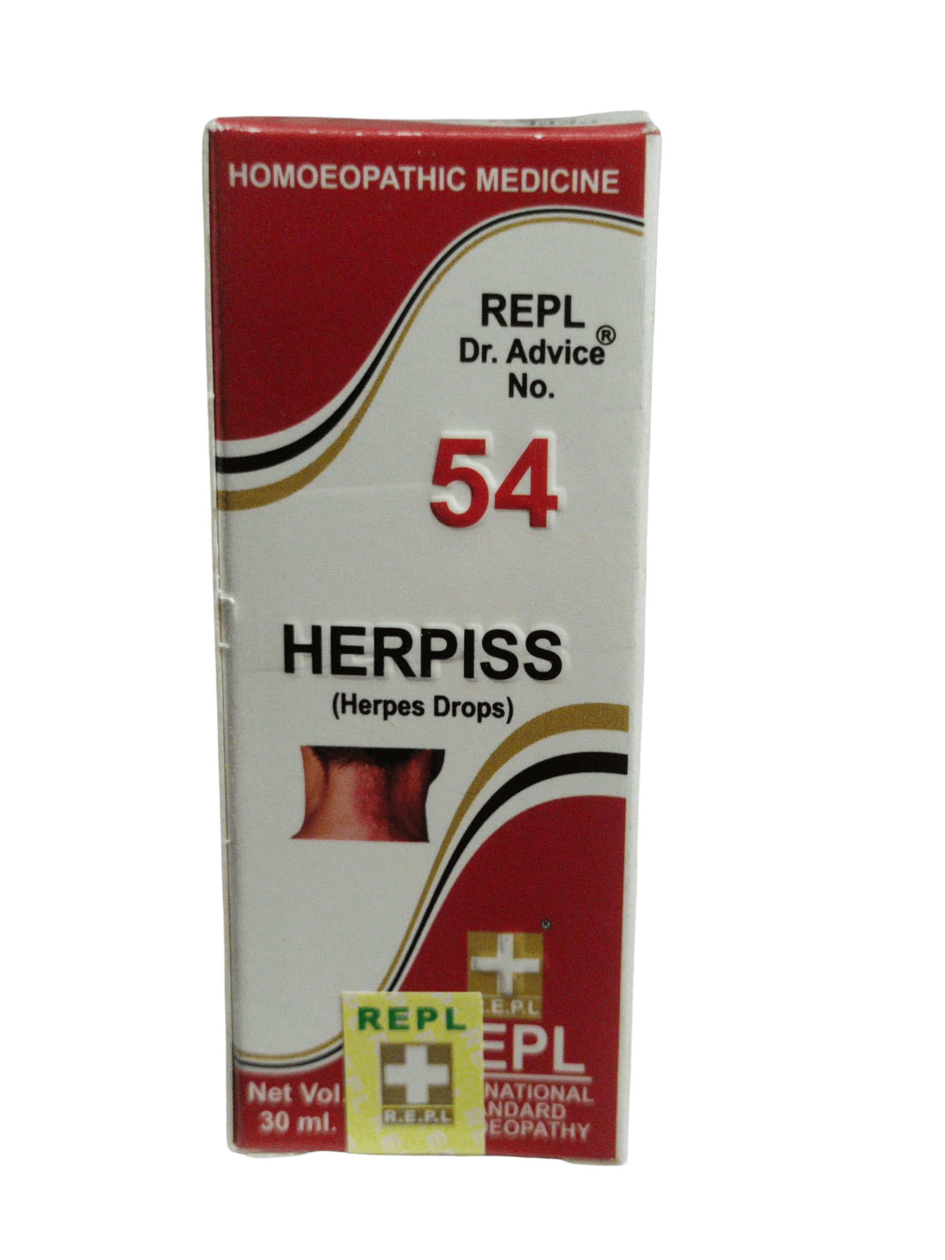 Box of HerpiSS herpes drops with REPL branding on a white background