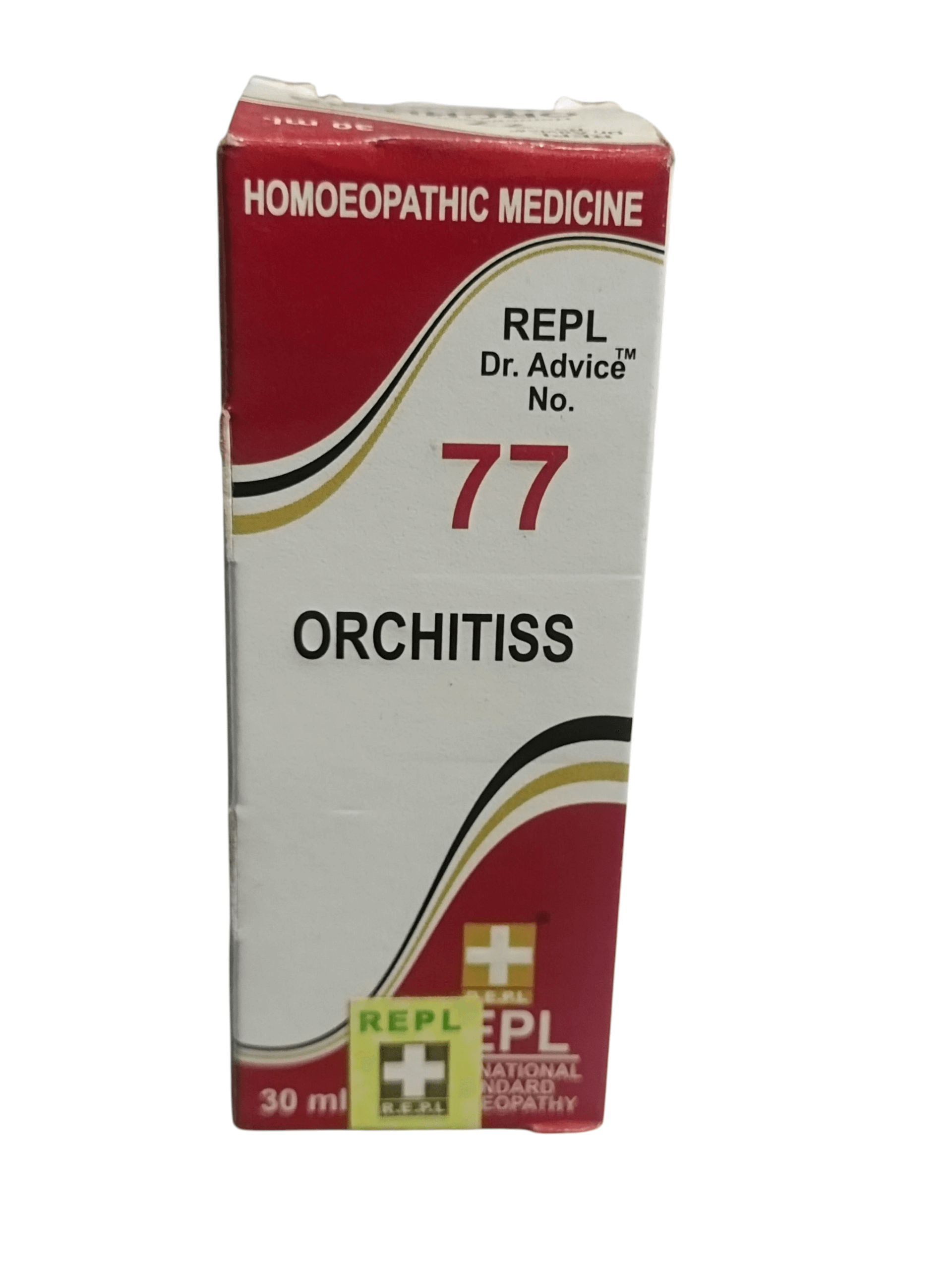 Box of Homoeopathic Medicine 'Orchitiss' with red and white design on a white background