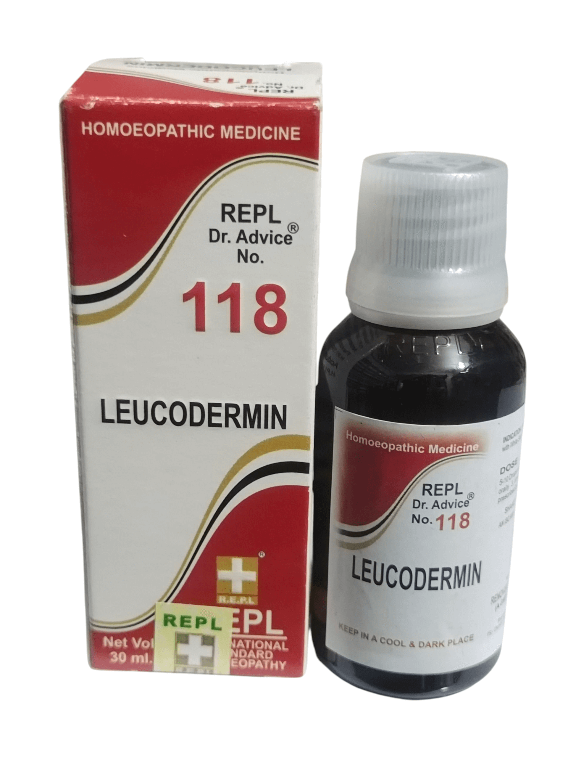 Leucodermin homeopathic medicine bottle and packaging on a white background