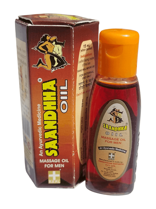 Saundhara massage oil bottle with packaging on a white background
