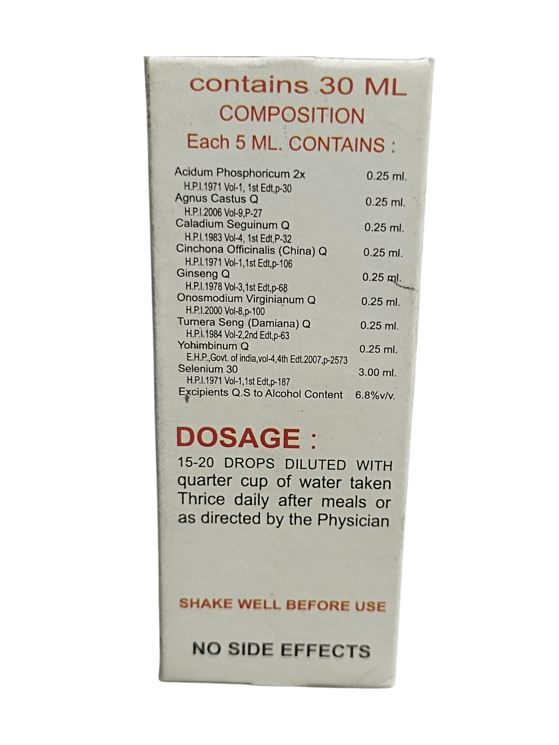 Medication bottle label with composition, dosage, and usage instructions on a white background