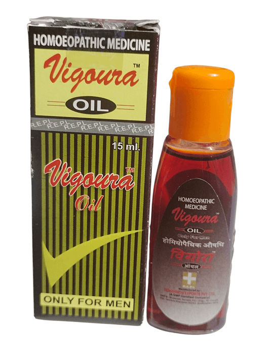 Vigoura oil bottle and packaging on a white background