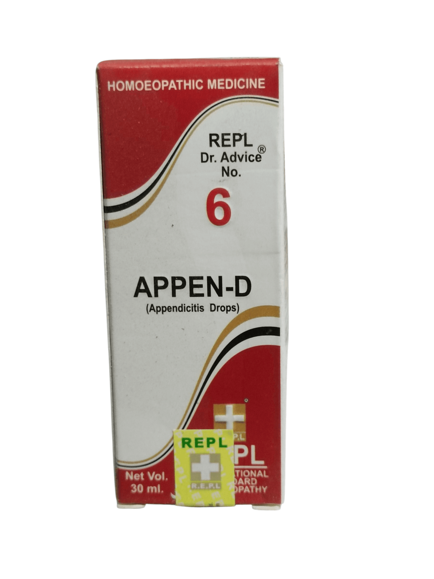 Box of Appen-D appendicitis drops with red and white design on a white background