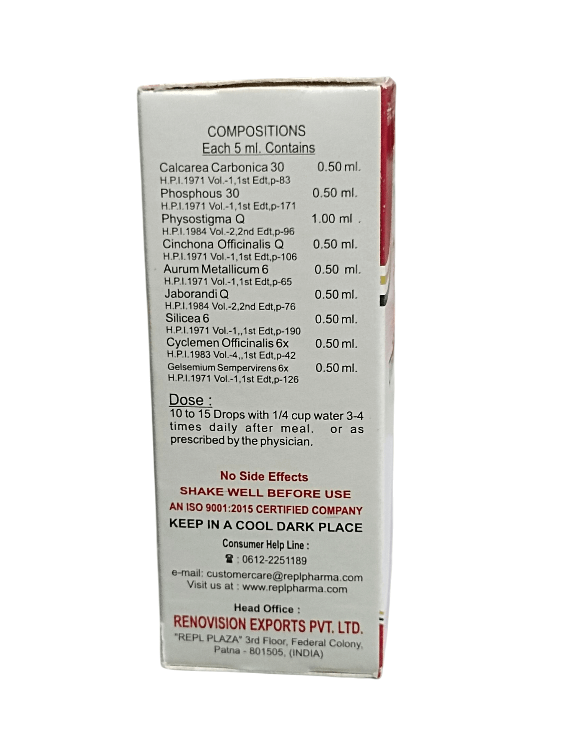 Box of Renovision Exports Pvt. Ltd. with medical composition details on a white background