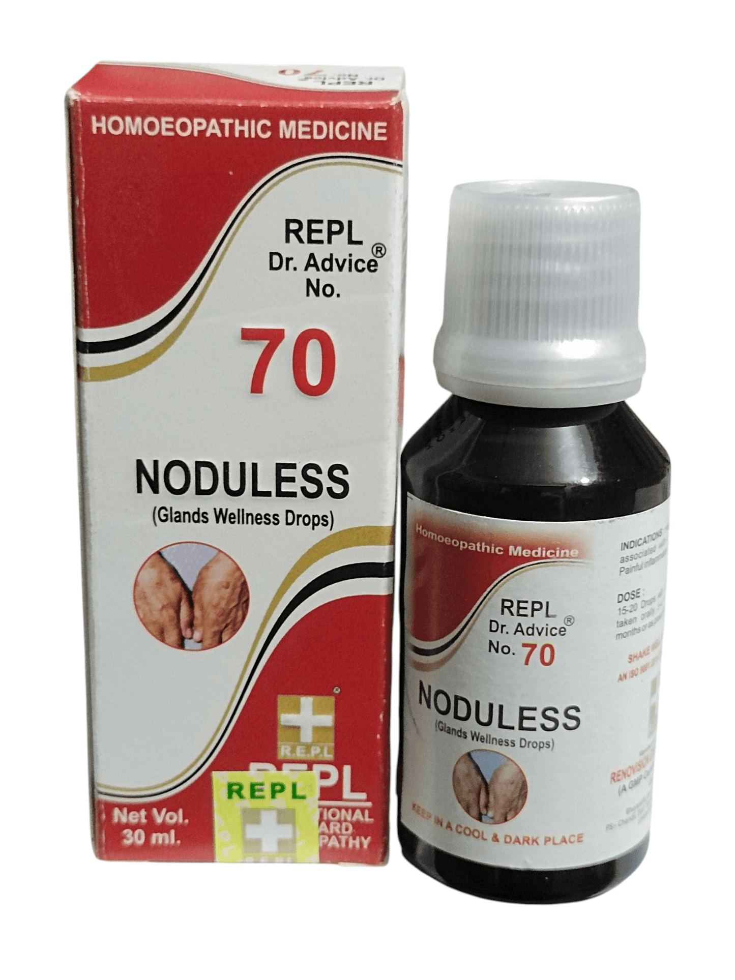 Noduless bottle and box packaging on a white background