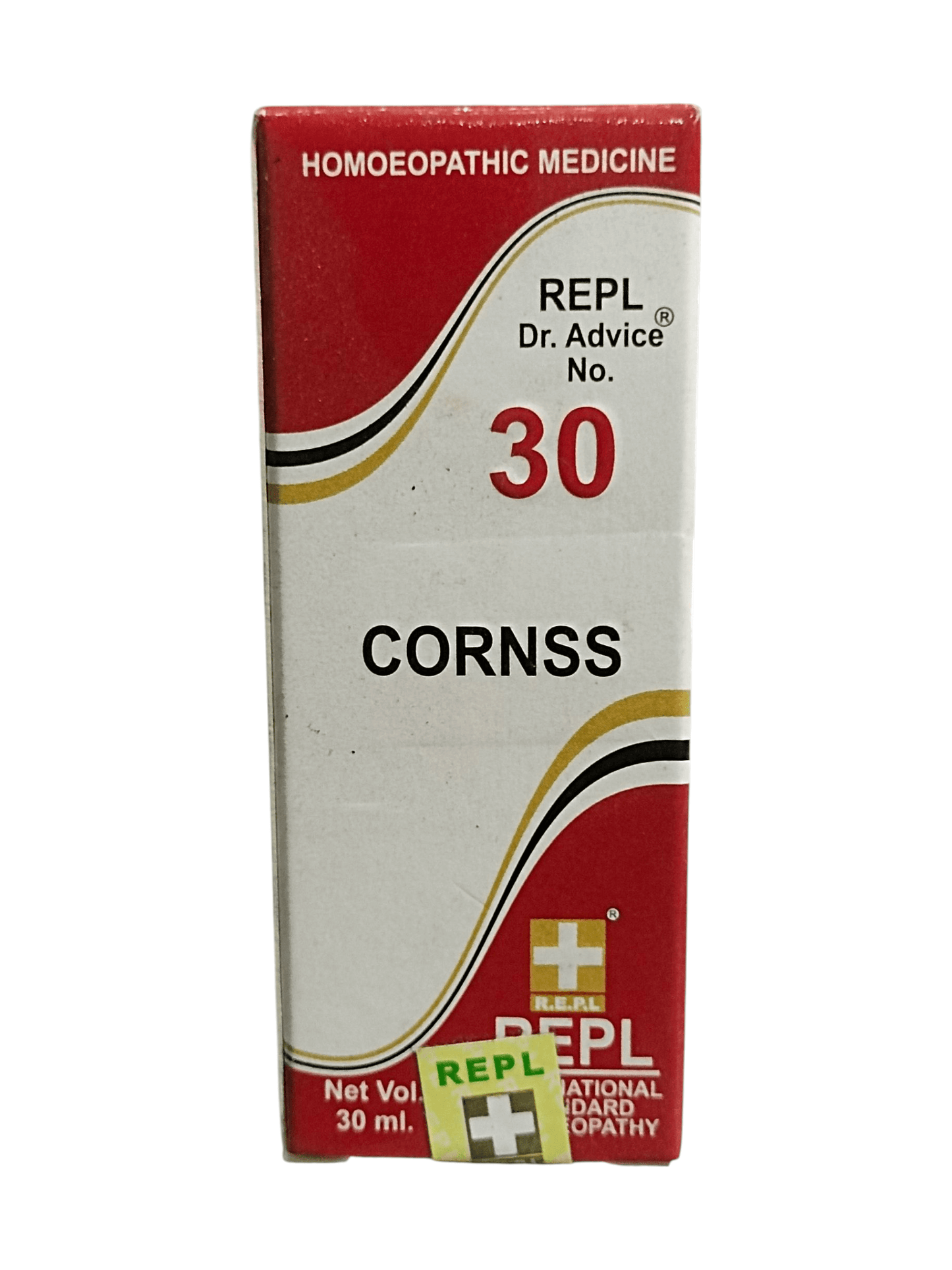 Red and white box of Homoeopathic Medicine with 'REPL' branding on a white background
