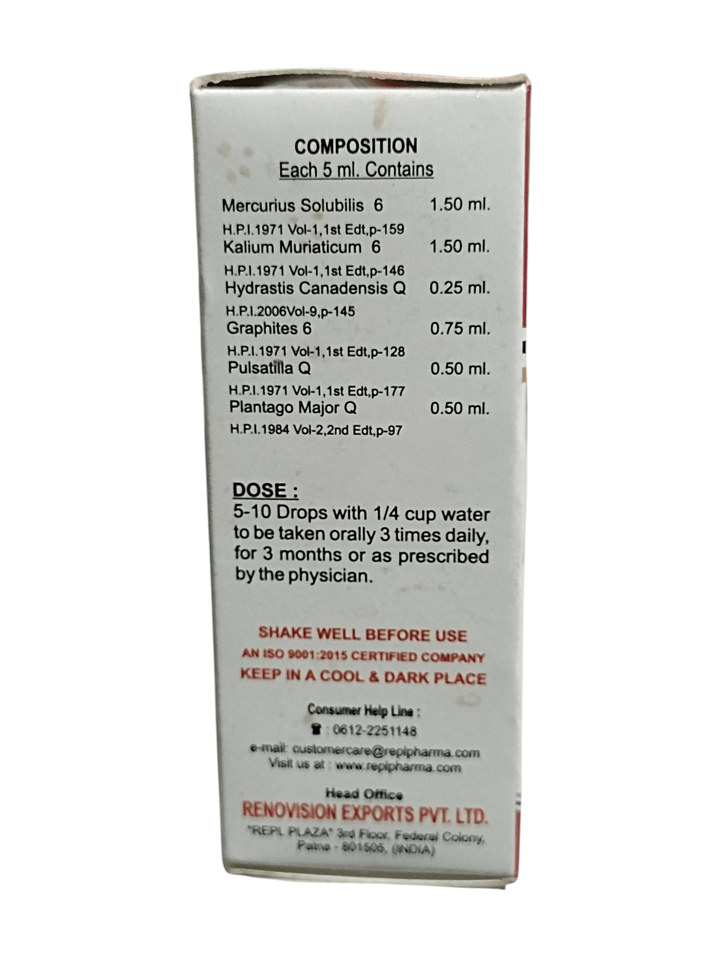 Box of Renovish Pharmaceuticals with medical composition details on a white background