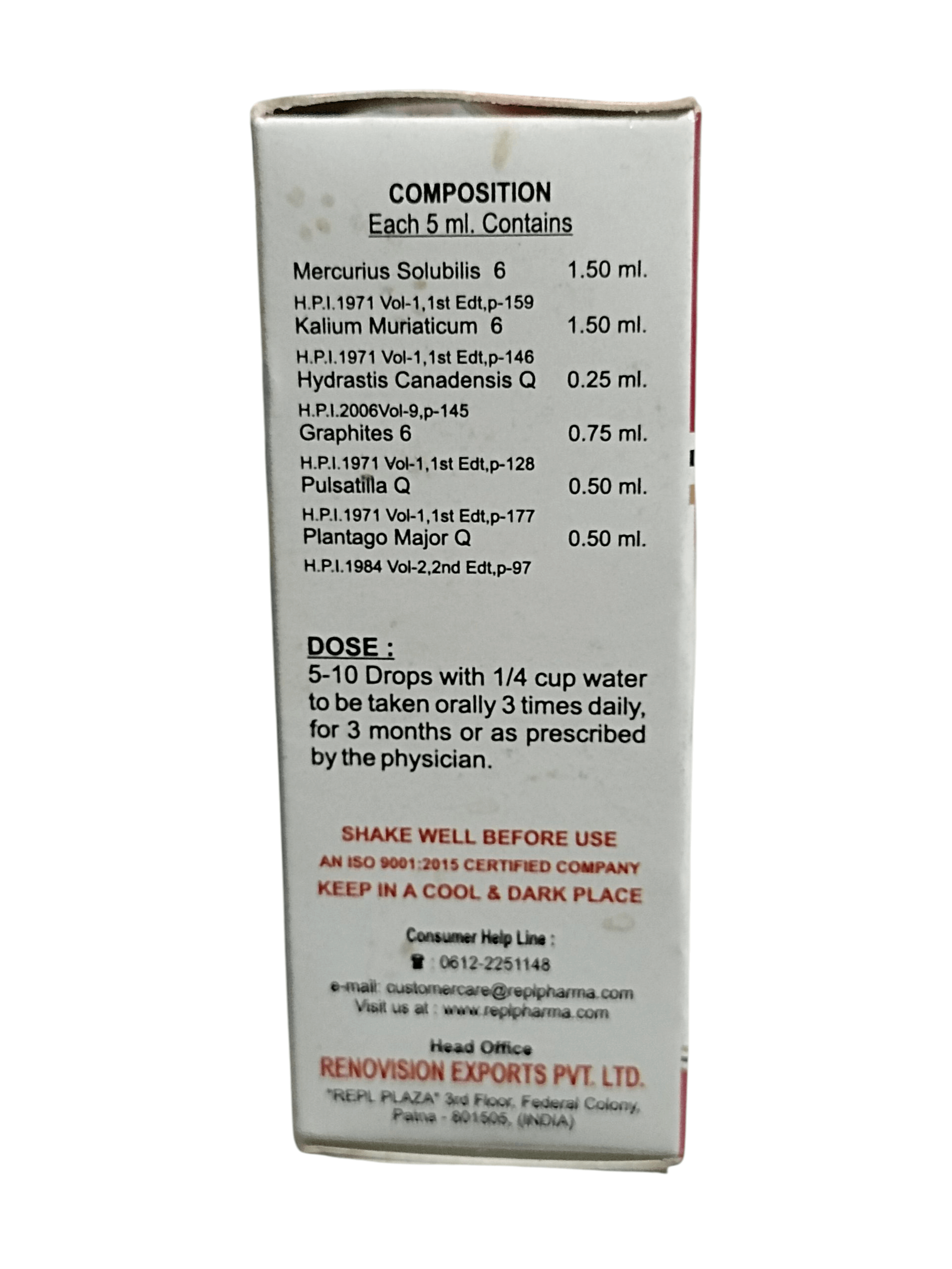 Box of Renovish Pharmaceuticals with medical composition details on a white background