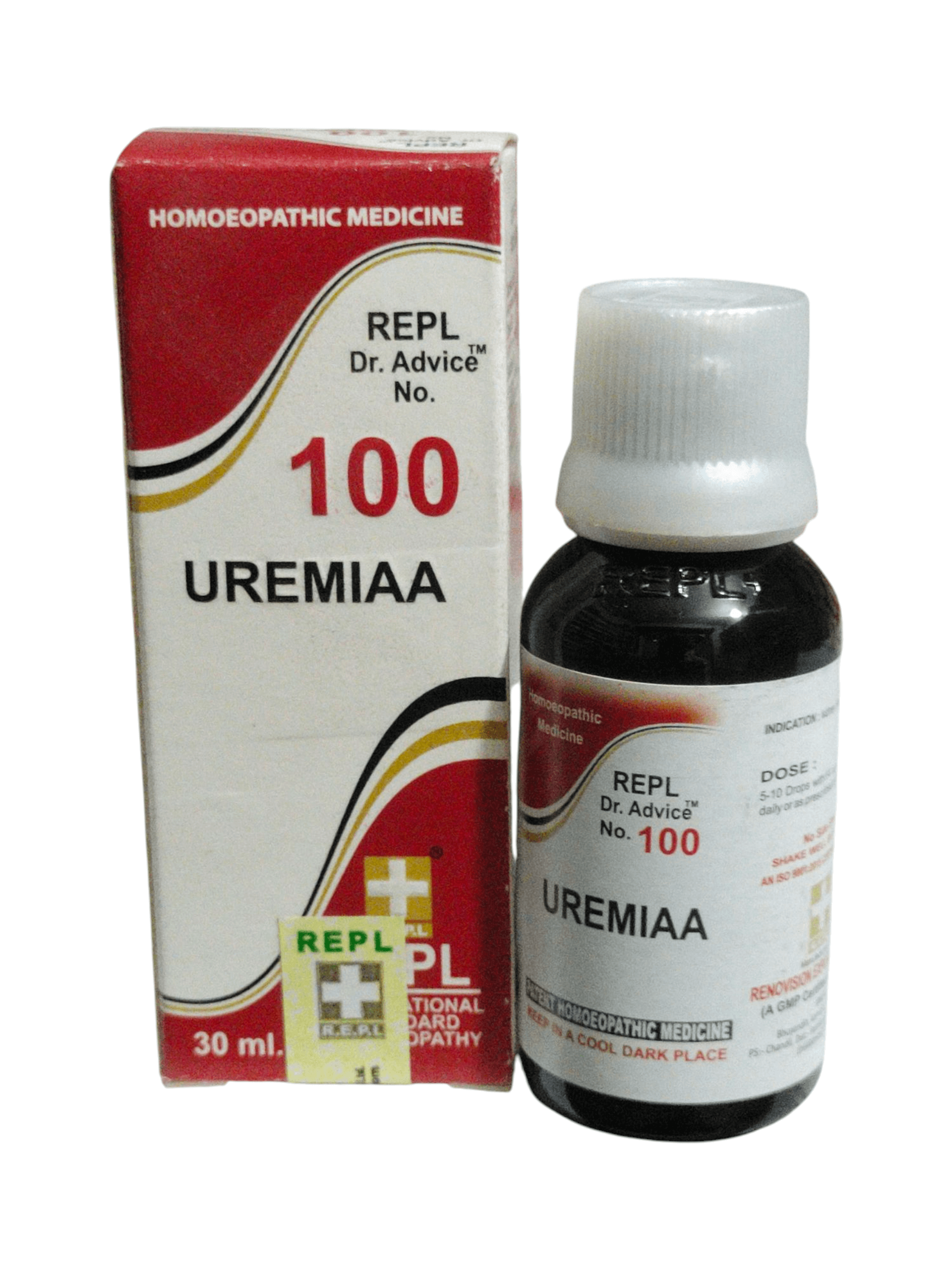 Bottle and box of Uremiaa homeopathic medicine on a white background