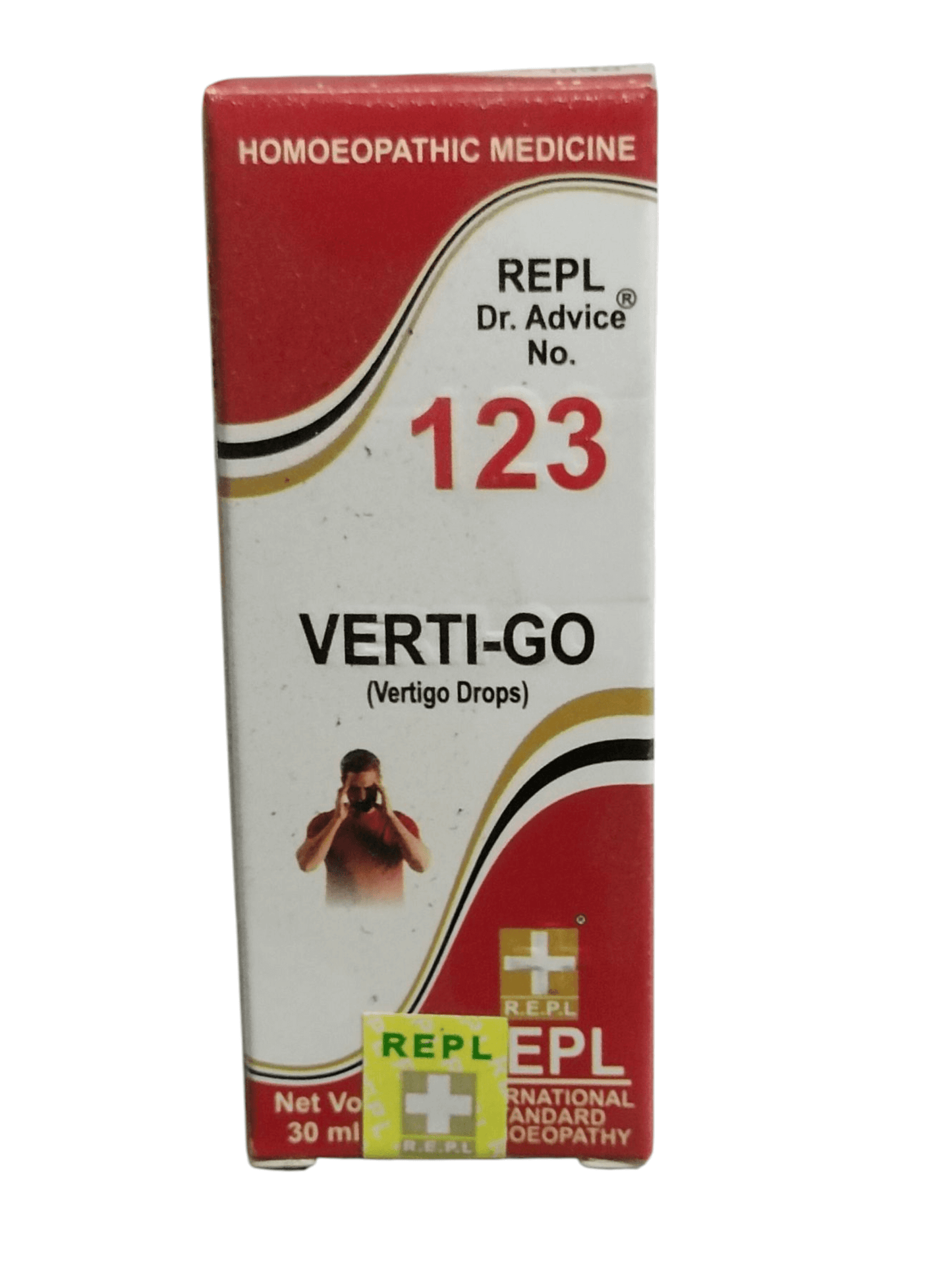 Box of Verti-Go Vertigo Drops with red and white design on a white background