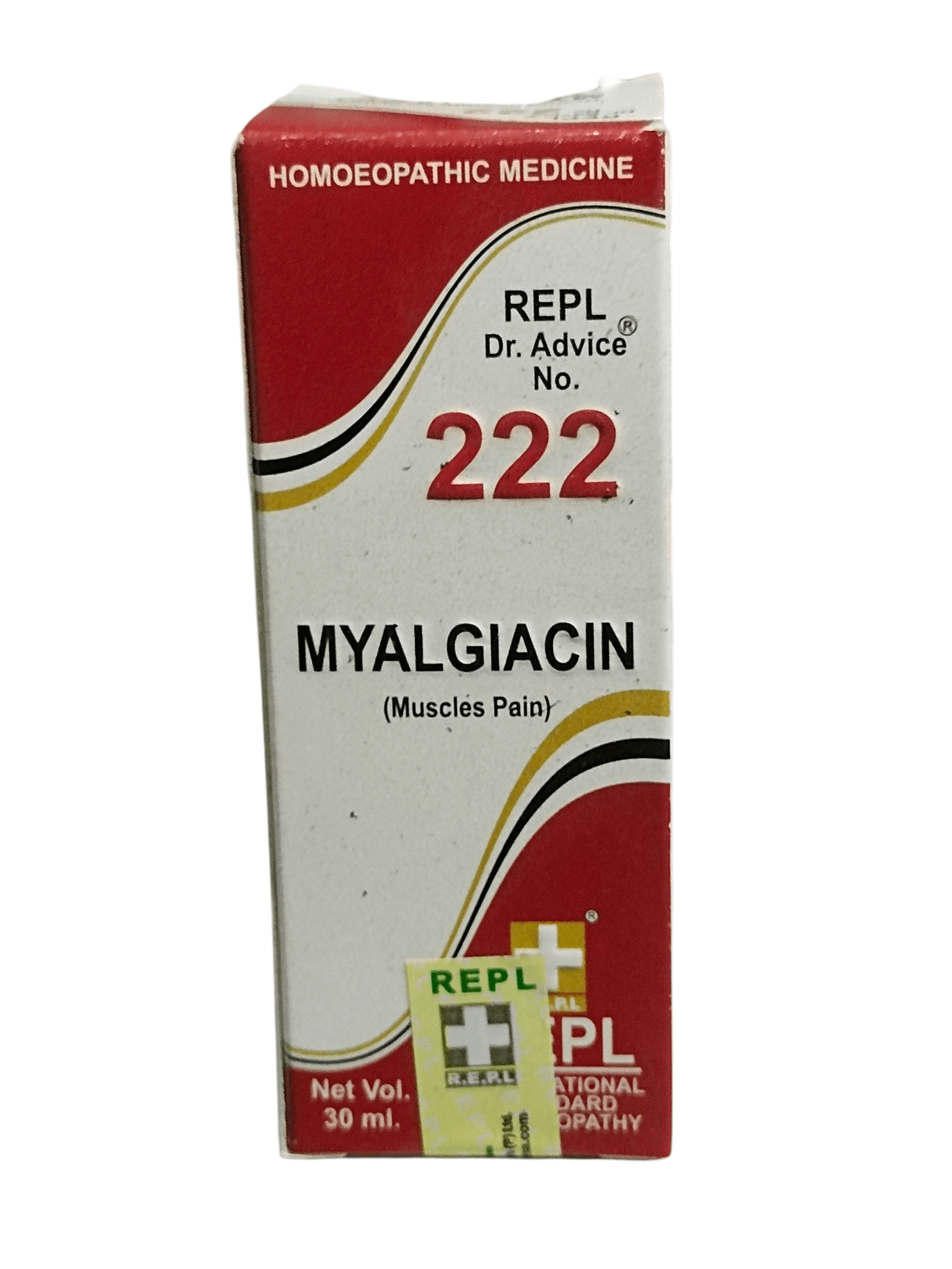 Box of Myalgiacin homeopathic medicine with red and white design