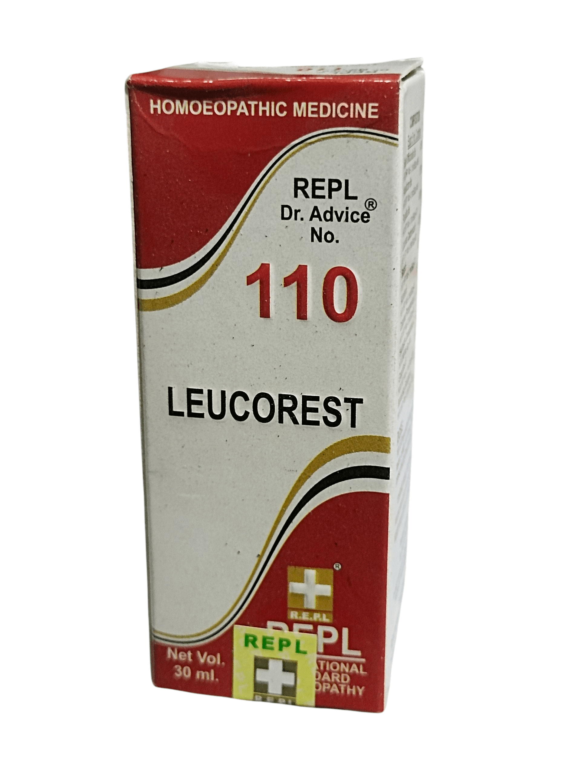 Box of Leucorest homeopathic medicine with red and white design