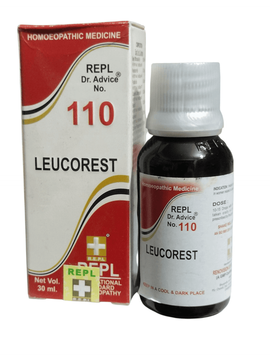 Leucorest homeopathic medicine bottle and packaging on a white background