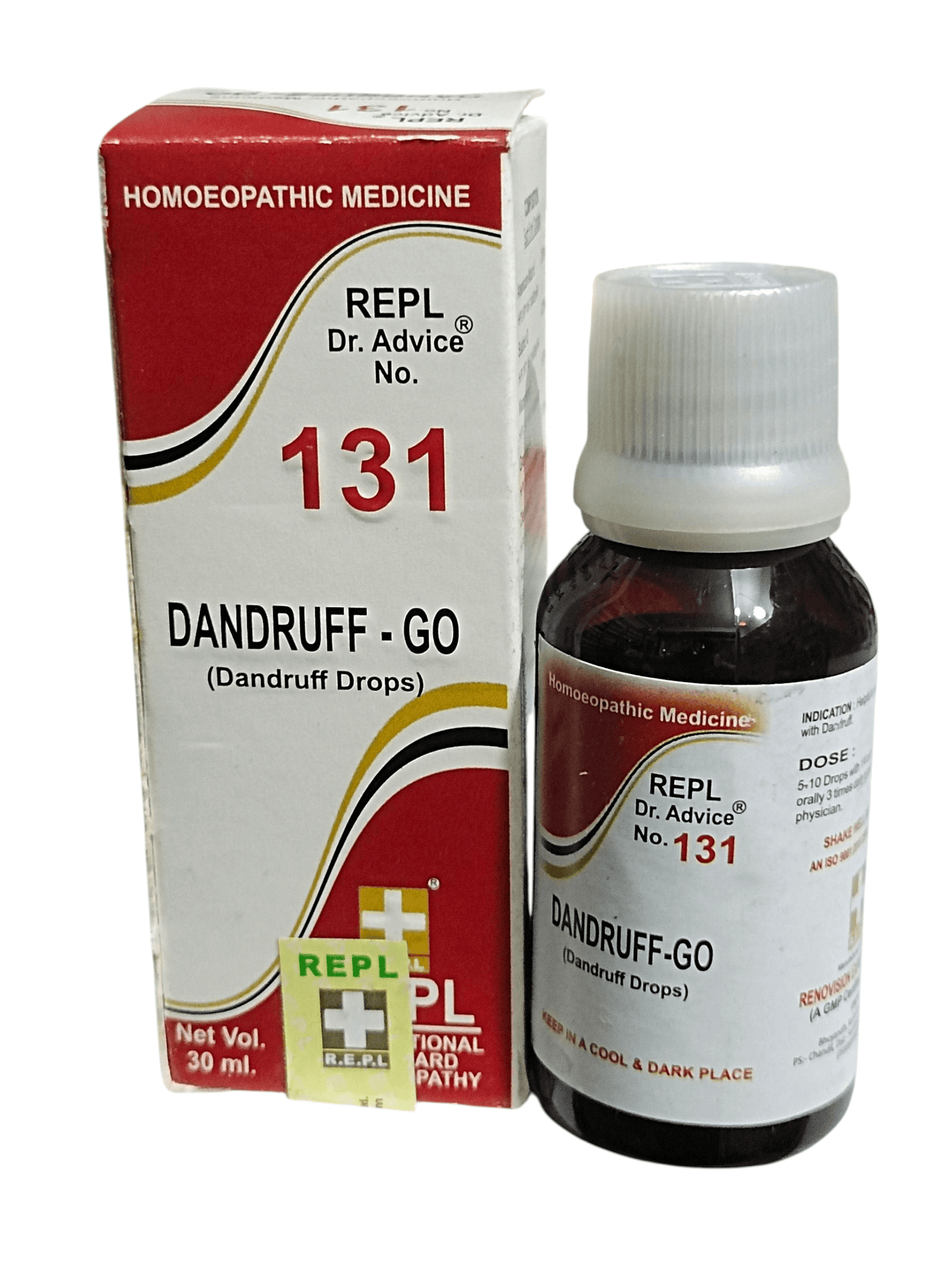 Dandruff treatment bottle and packaging with 'REPL' branding on a white background
