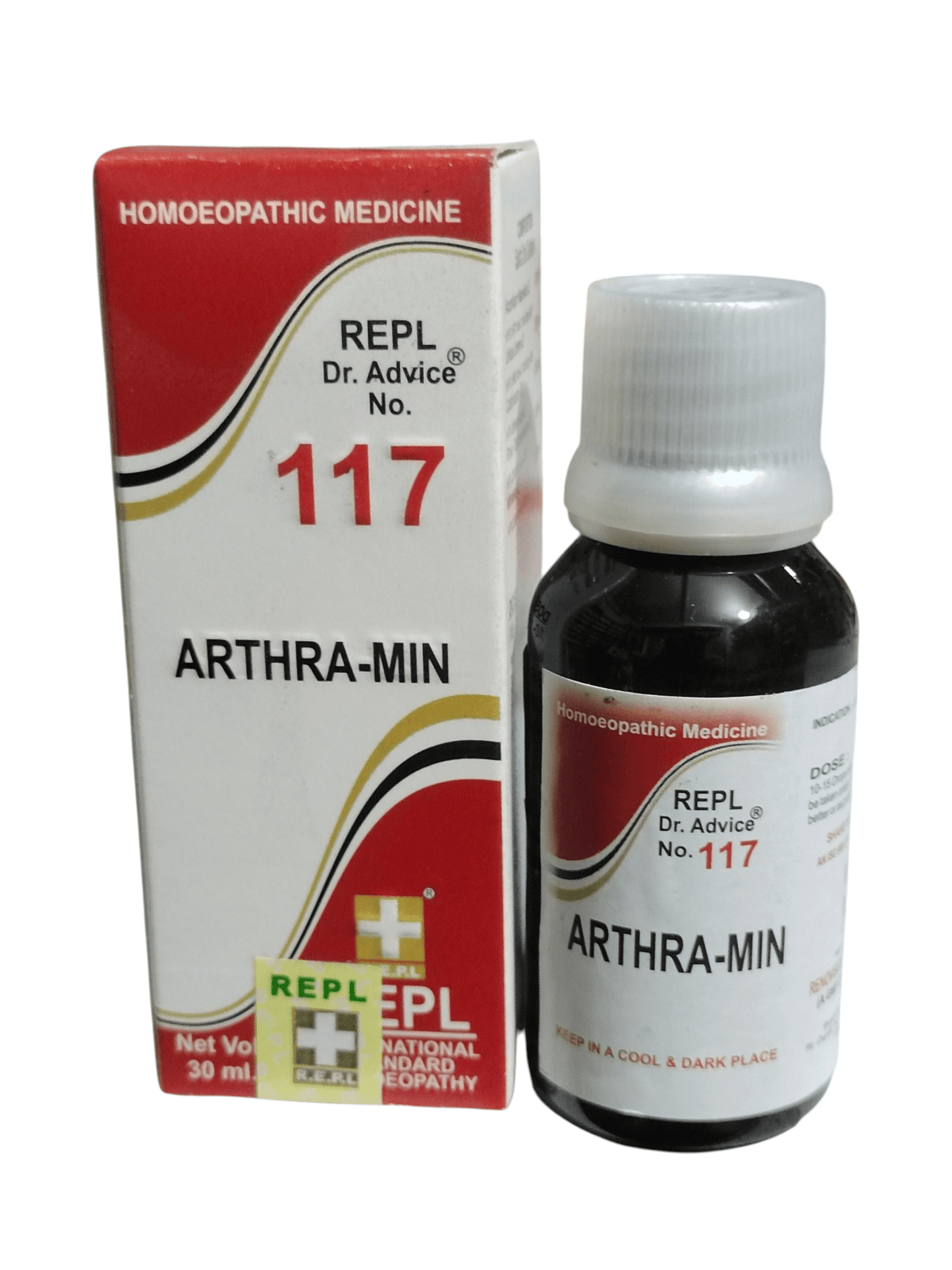 Homoeopathic medicine bottle and packaging of Arthra-Min with REPL branding on a white background.