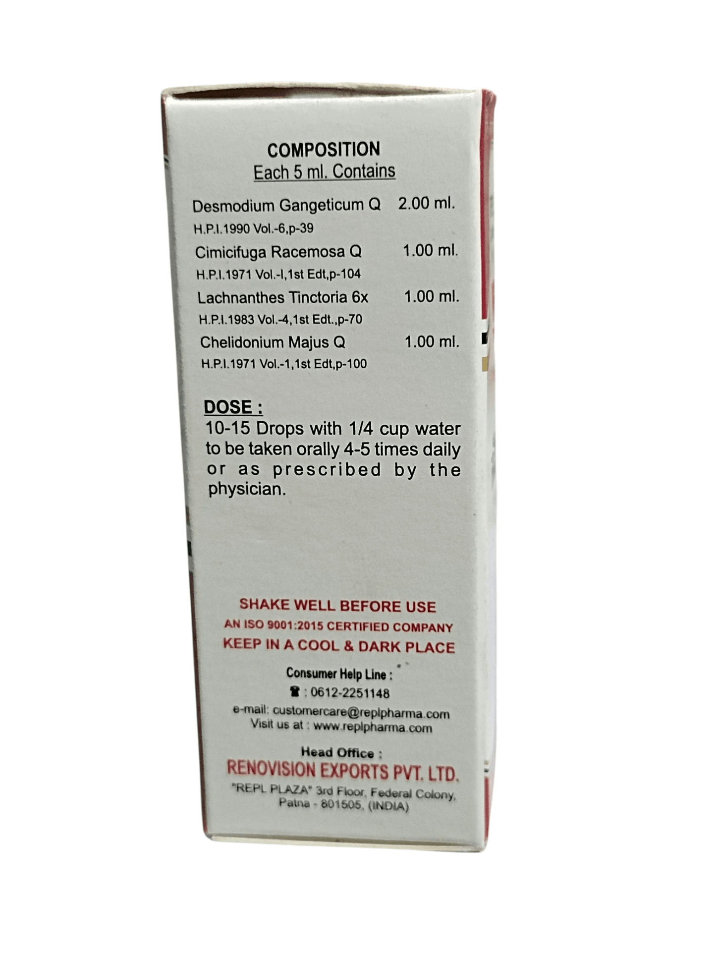 Box of Renovision Pharmaceuticals with medical composition and usage instructions on a white background