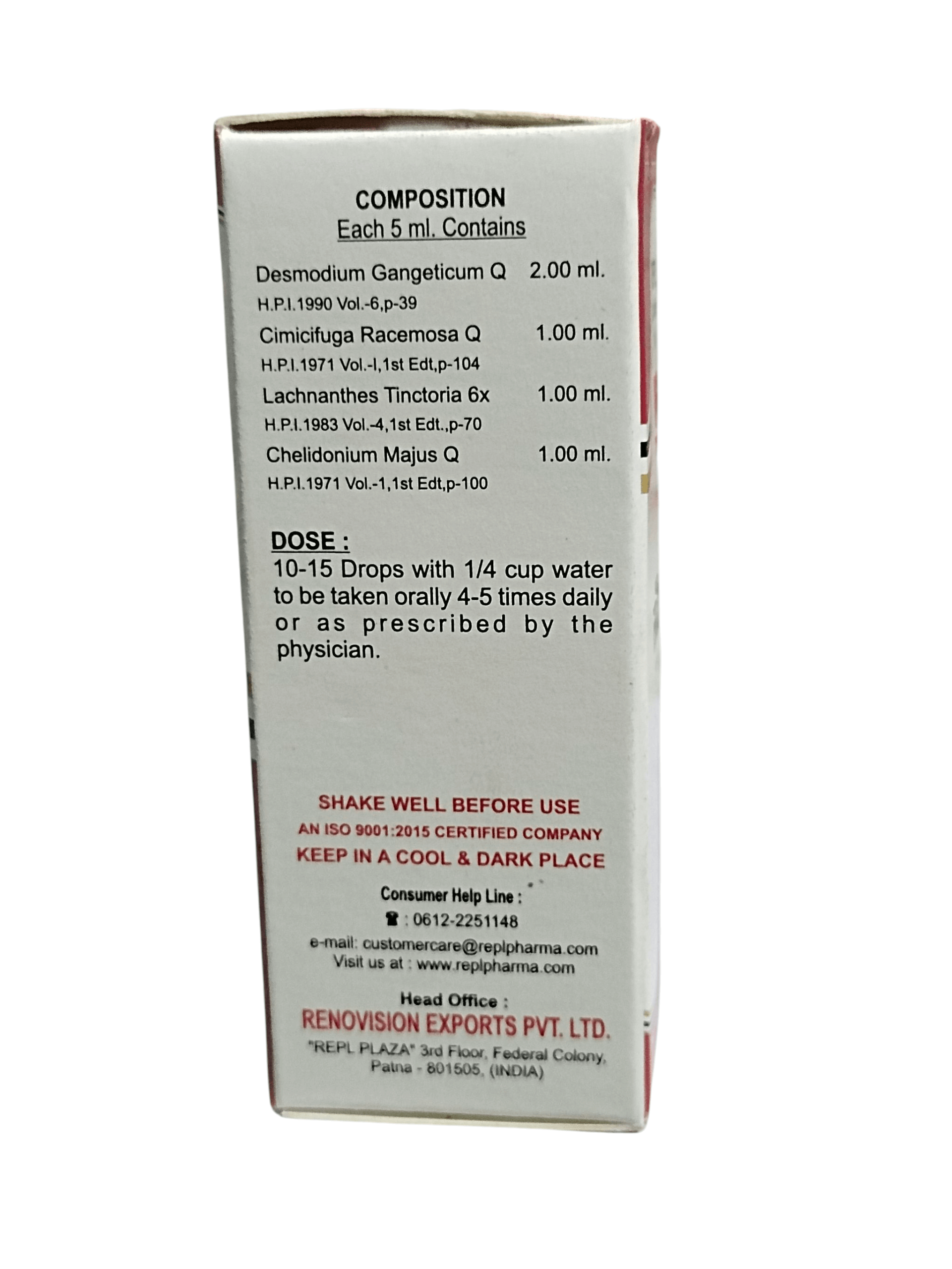 Box of Renovision Pharmaceuticals with medical composition and usage instructions on a white background