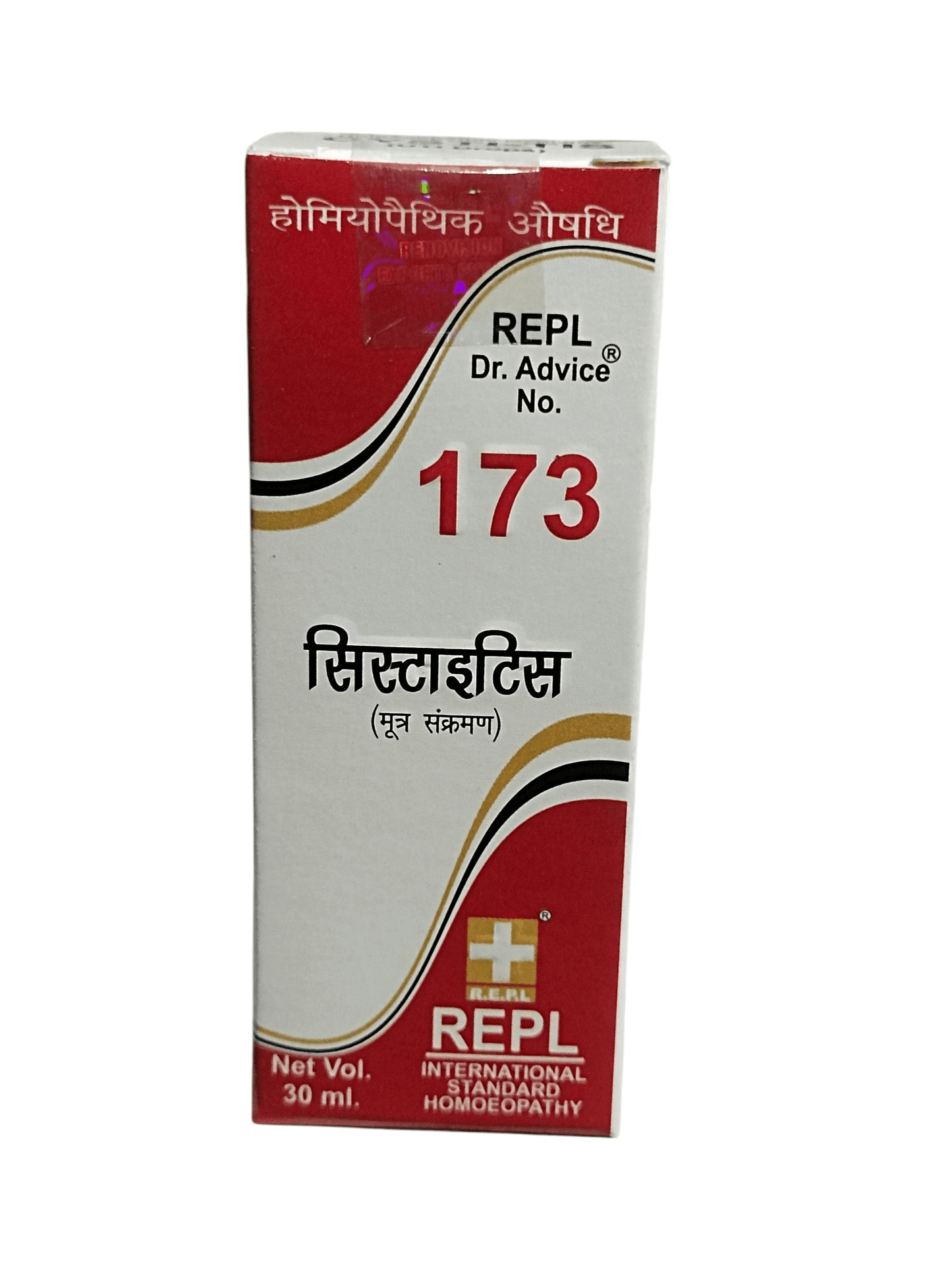 REPL homeopathic medicine bottle with red and white label on a white background