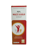 REPL MULTI V-GOLD SYRUP HOMEOPATHIC MEDICINE 200ML (FOR MUTIVITAMINES & MUITIMINEARLS SYRUP) packaging with logo and nutritional details.