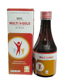 REPL MULTI V-GOLD SYRUP HOMEOPATHIC MEDICINE 200ML (FOR MUTIVITAMINES & MUITIMINEARLS SYRUP) with packaging.
