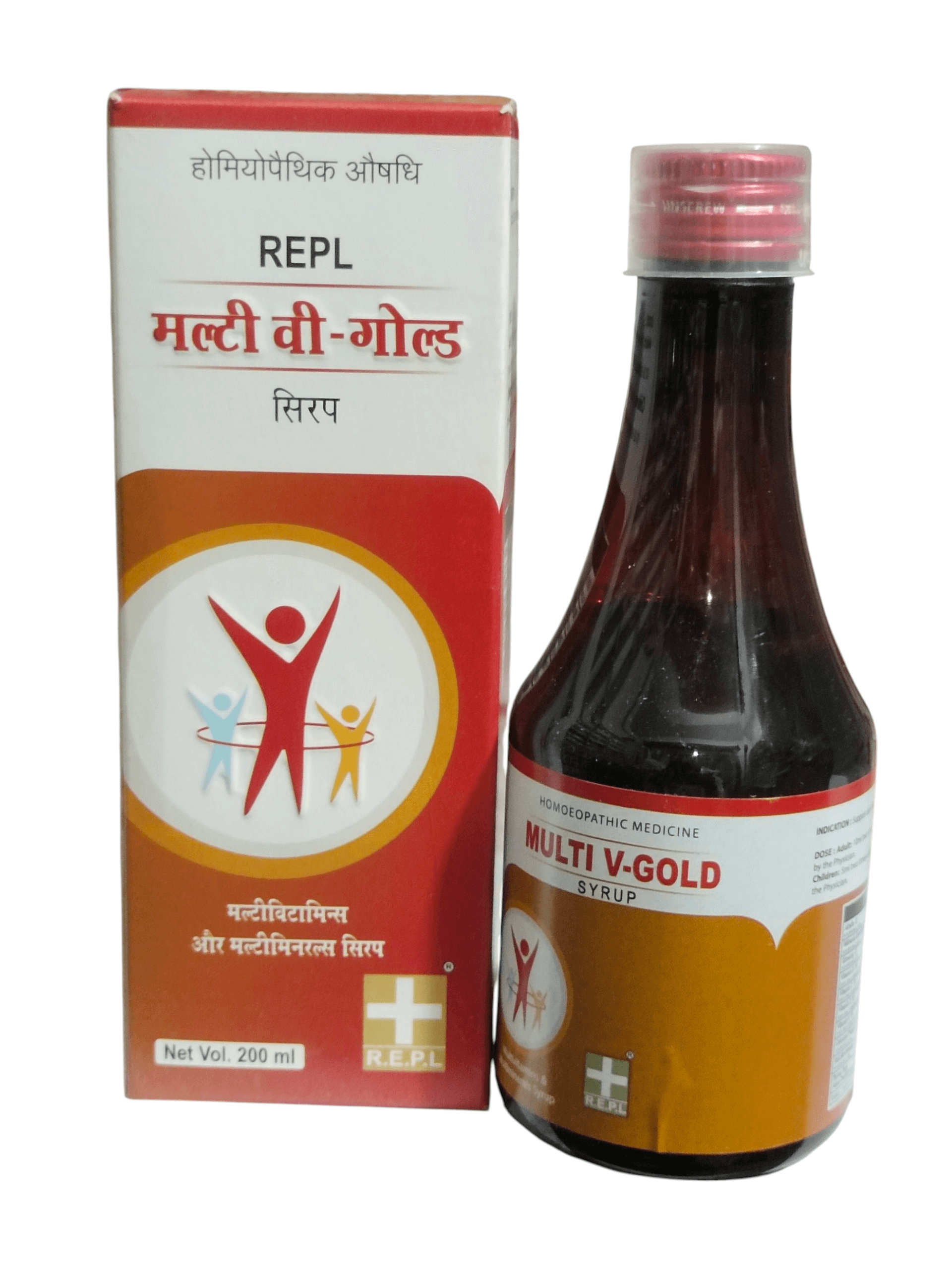 REPL MULTI V-GOLD SYRUP HOMEOPATHIC MEDICINE 200ML (FOR MUTIVITAMINES & MUITIMINEARLS SYRUP) in a bottle with packaging.