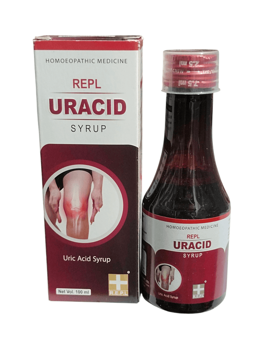 REPL URACID SYRUP HOMEOPATHIC MEDICINE 100ML USE FOR URIC ACID CONTROLL (PACK OF 2) with bottle and packaging.