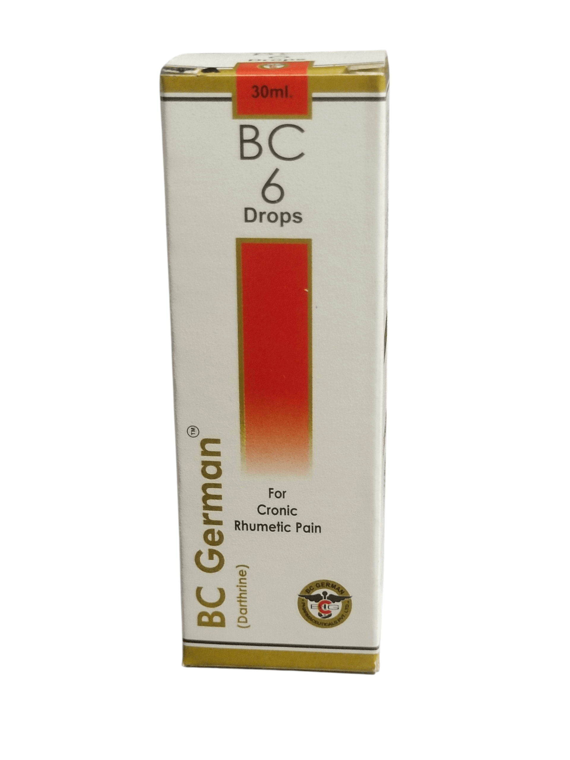 Box of BC German BC 6 Drops for chronic rhumelic pain on a white background