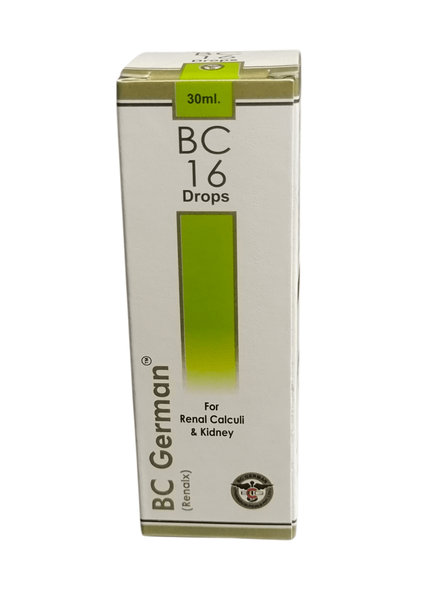 Box of BC 16 Drops for renal calculi and kidney by BC German on a white background