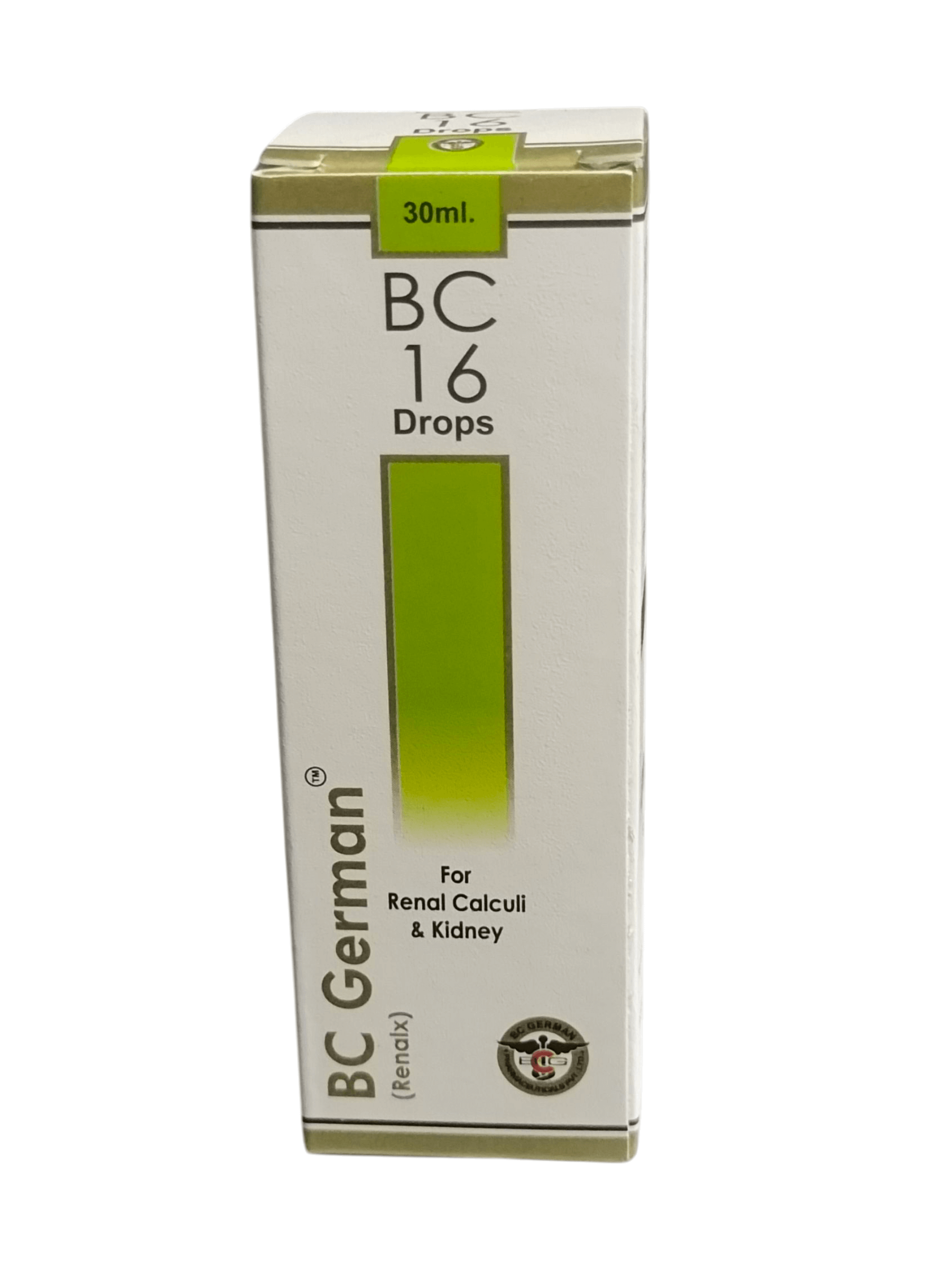 Box of BC 16 Drops for renal calculi and kidney by BC German on a white background