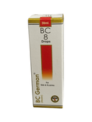 Box of BC German BC 8 Drops for skin and eczema on a white background