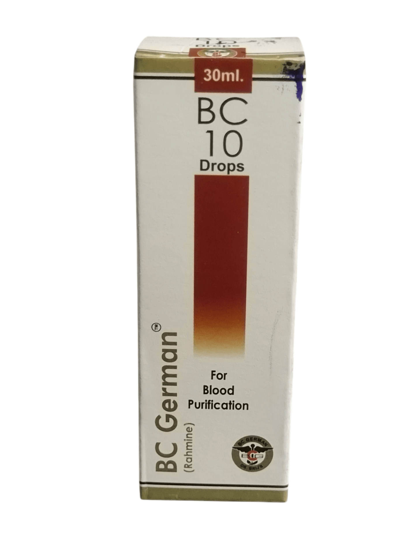 Box of BC 10 Drops for blood purification by BC German on a white background