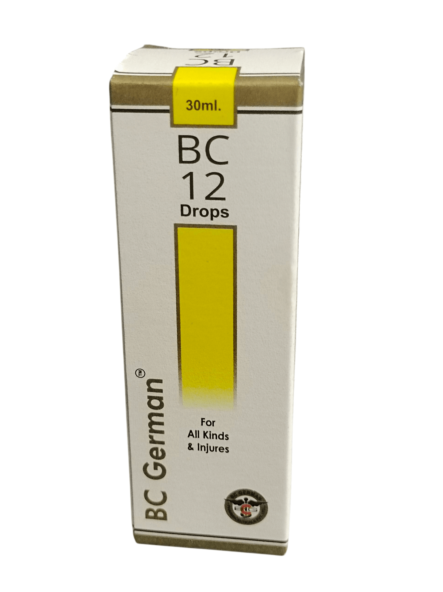 Box of BC 12 Drops with yellow label on a white background