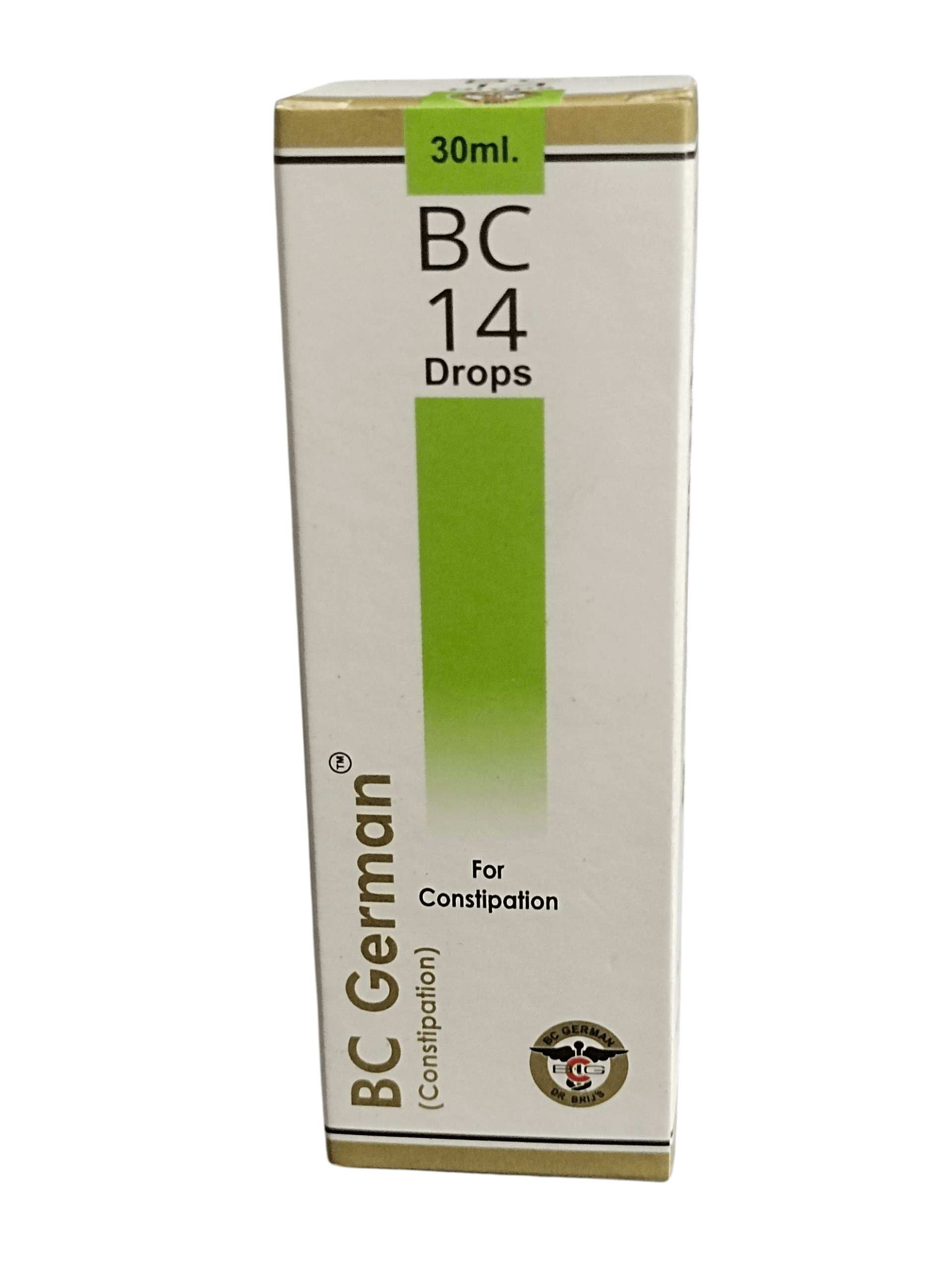 Box of BC German BC 14 Drops for Constipation on a white background