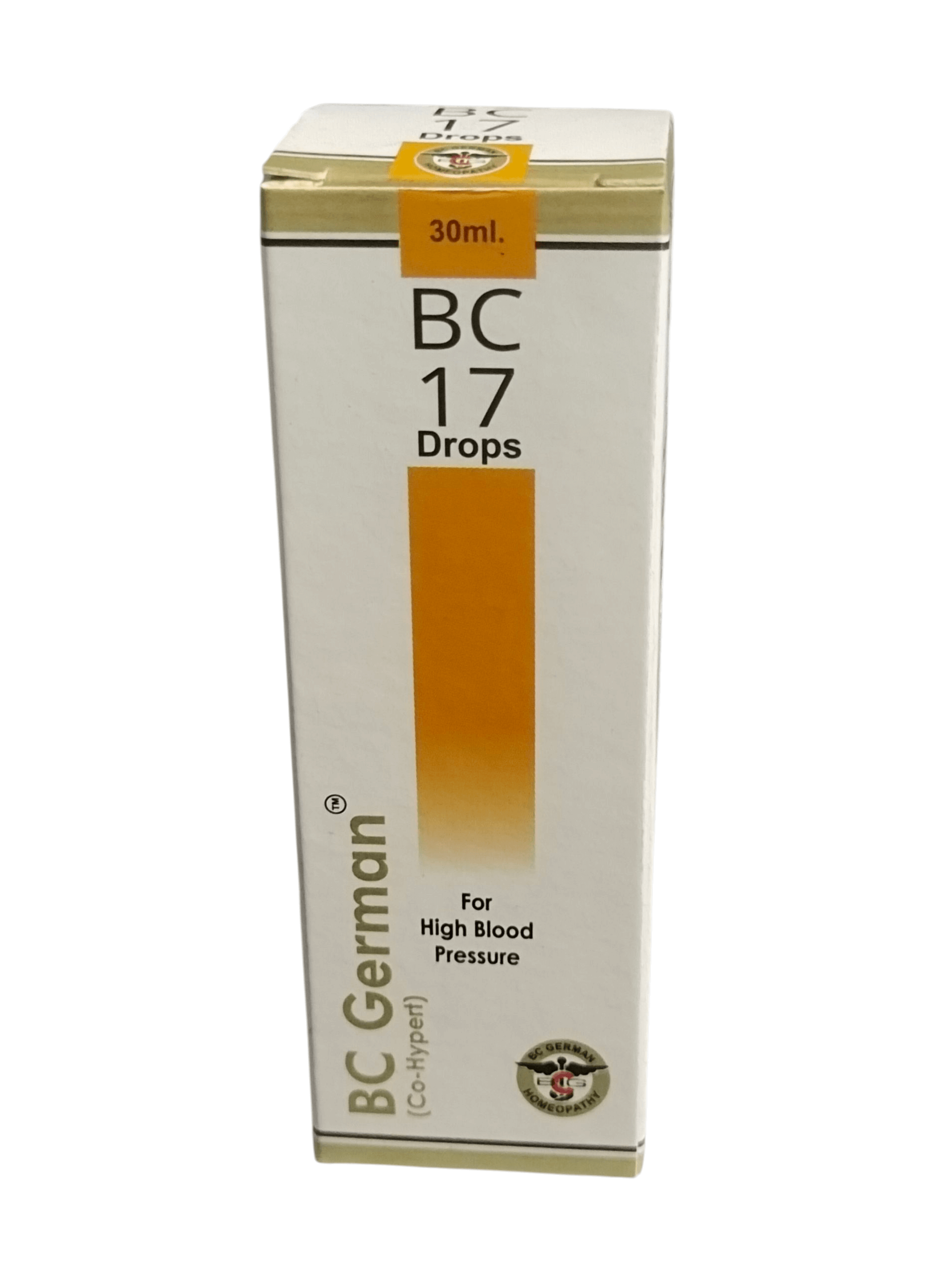 Box of BC 17 Drops for high blood pressure on a white background